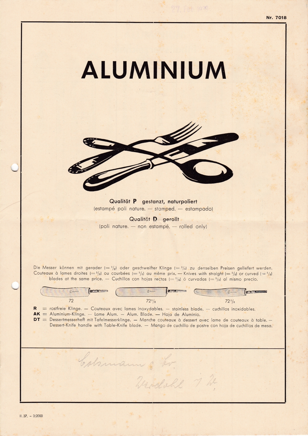Preisliste für Aluminiumbestecke der Firma Colsman & Co., Werdohl, 1939 (M.-A. Trappe CC BY-NC-SA)