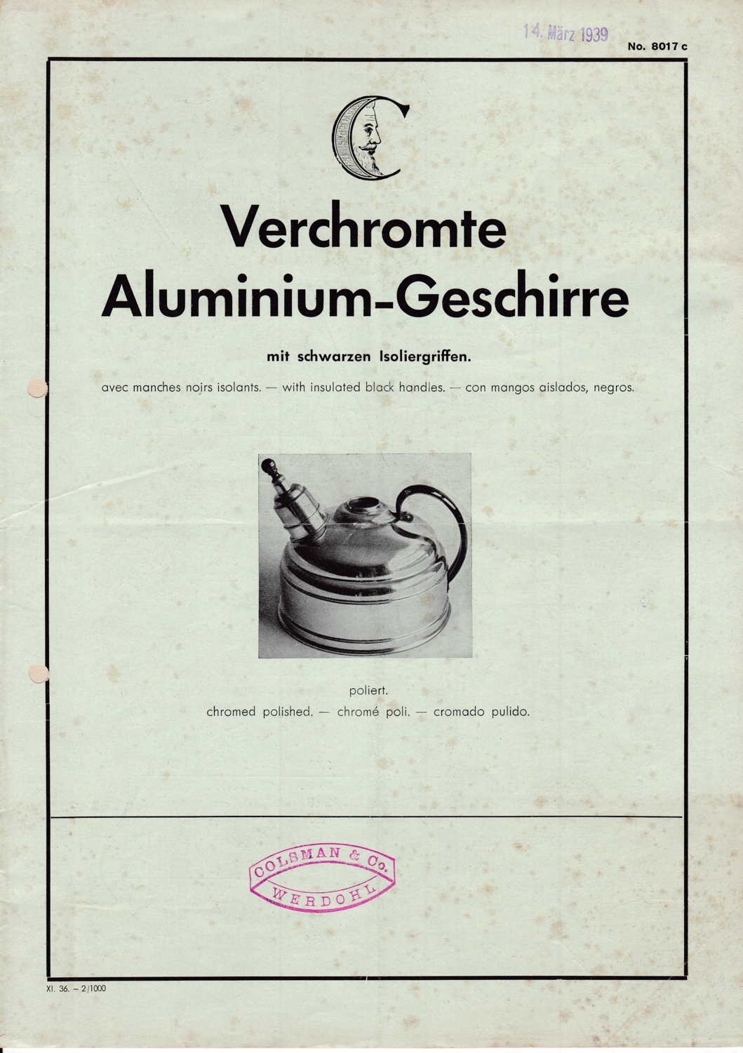 Preisliste und Katalog für Verchromte Aluminium-Geschirre der Firma Colsman & Co., Werdohl, 1939 (M.-A. Trappe CC BY-NC-SA)