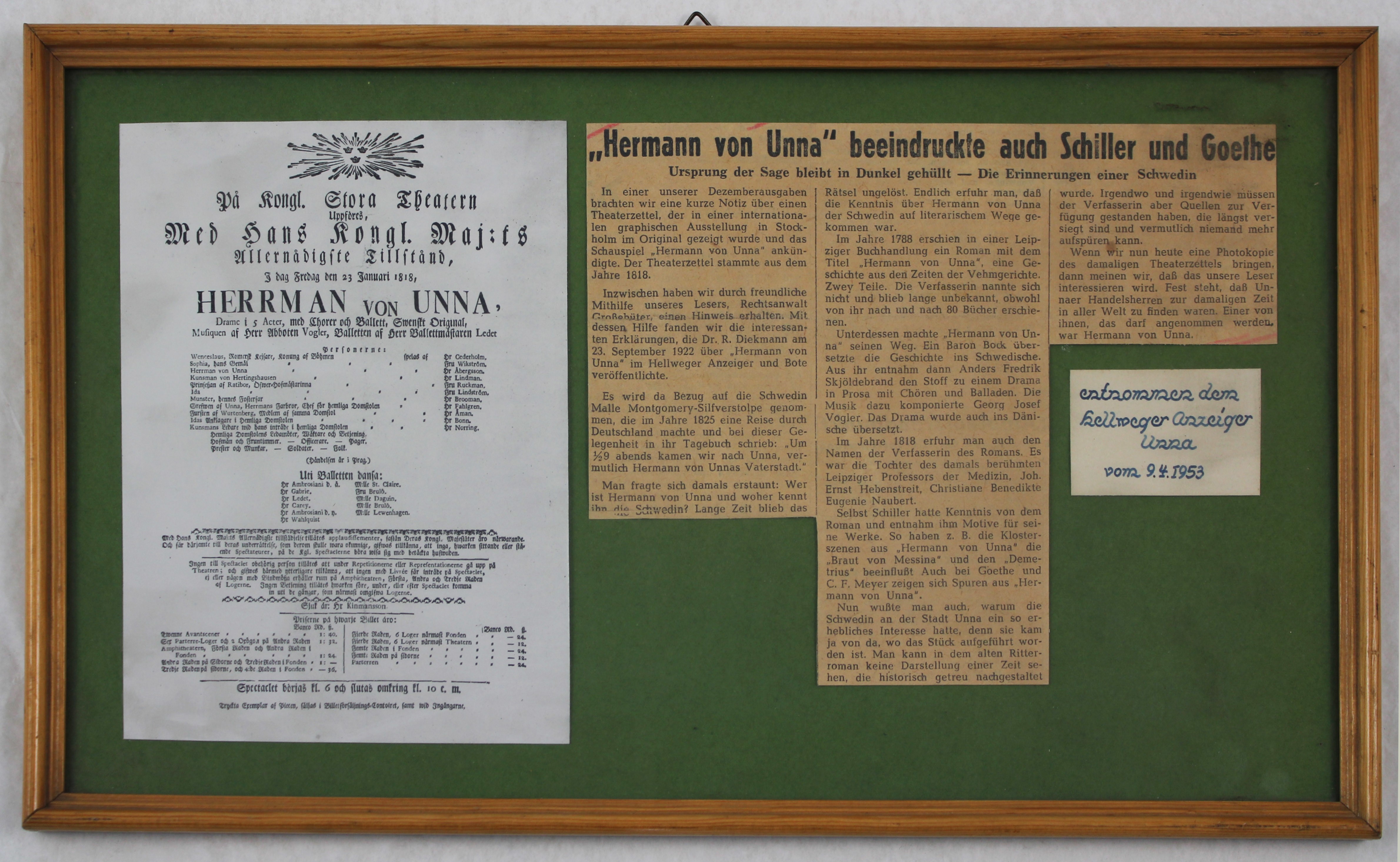Zeitungsausschnitt und Kopie eines Theaterzettels des Stücks "Hermann von Unna", gerahmt (Hellweg-Museum Unna CC BY-NC-SA)