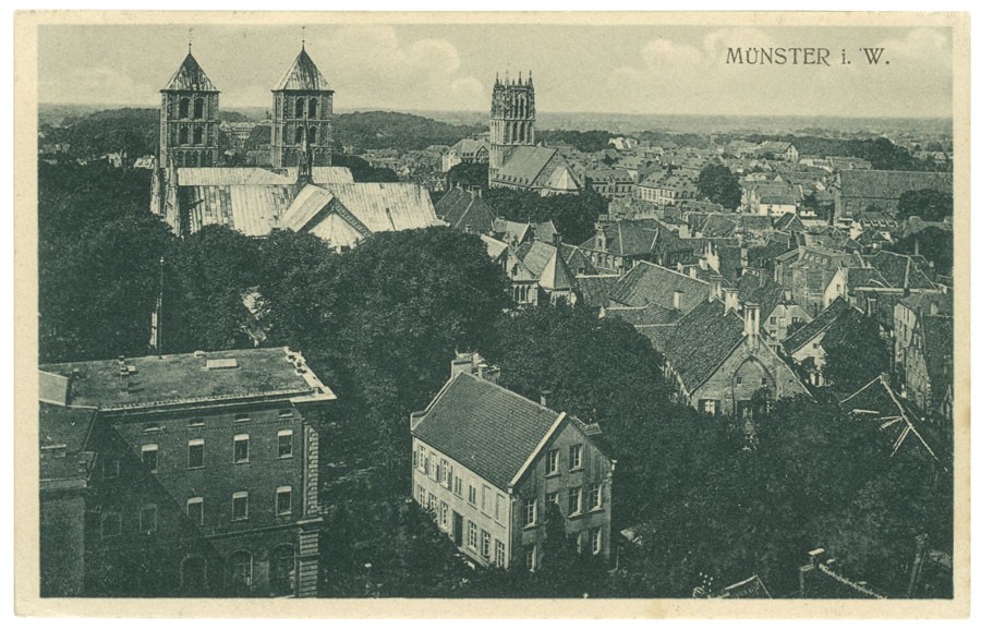 Postkarte: Blick auf den Dom und das Überwasserviertel von der Lambertikirche (Stadtmuseum Münster CC BY-NC-SA)