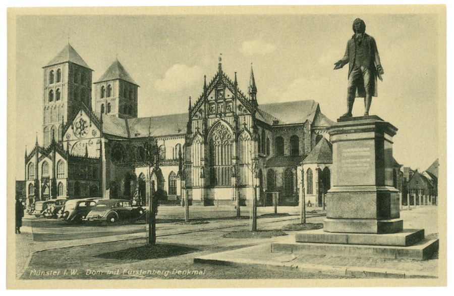Postkarte: Der Dom mit dem Fürstenbergdenkmal (Stadtmuseum Münster CC BY-NC-SA)