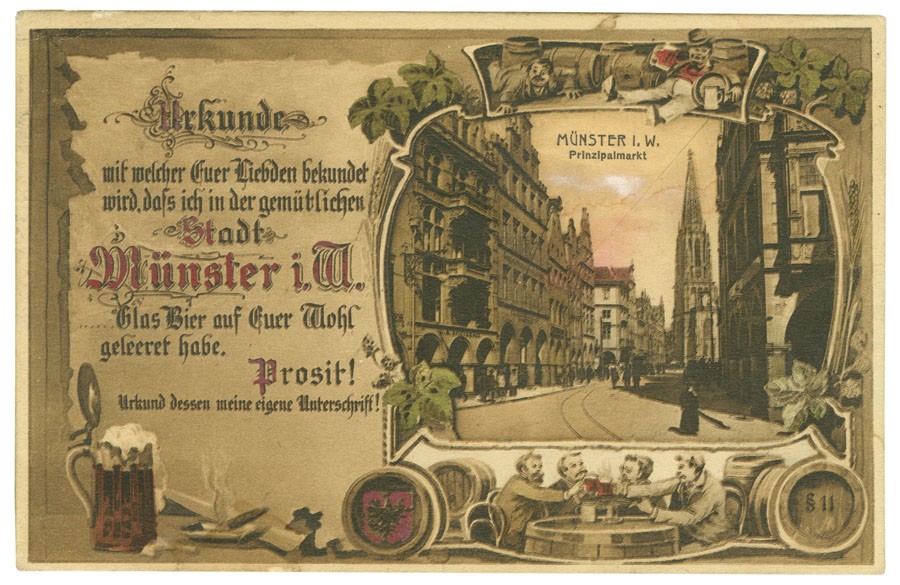 Postkarte: Urkunde über ein getrunkenes Glas Bier (Stadtmuseum Münster CC BY-NC-SA)