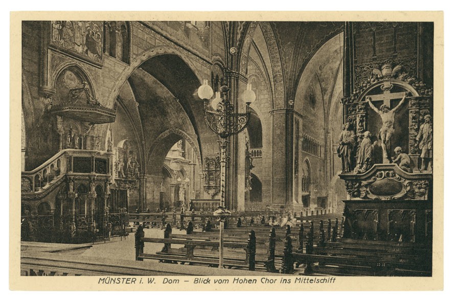 Postkarte: Blick vom Chor ins Mittelschiff des Doms (Stadtmuseum Münster CC BY-NC-SA)