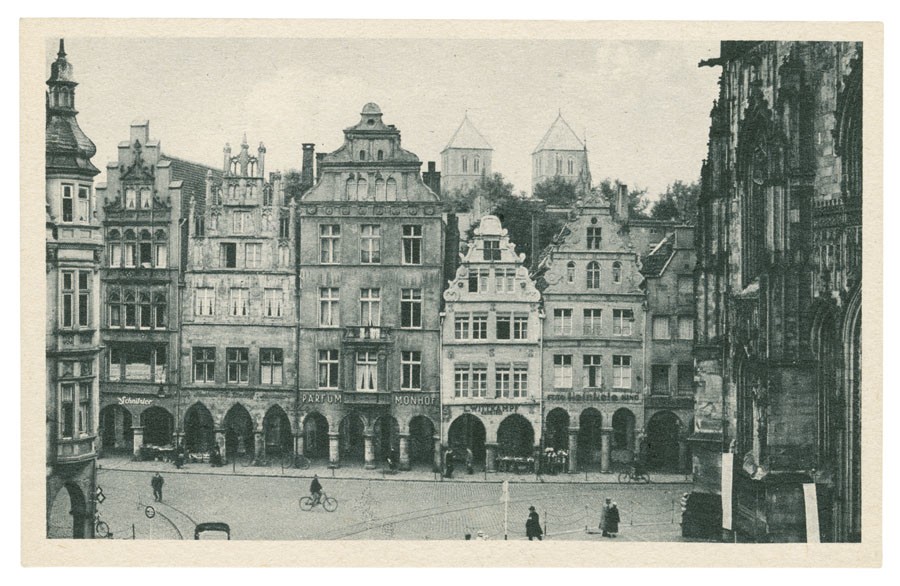 Postkarte: Blick vom Lambertikirchplatz zum Prinzipalmarkt (Stadtmuseum Münster CC BY-NC-SA)
