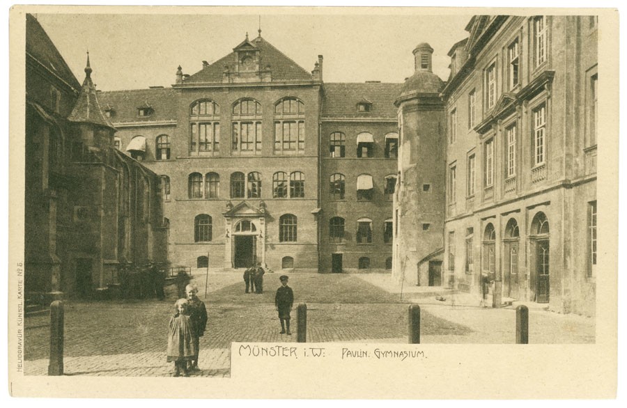 Postkarte: Der Neubau des Gymnasiums Paulinum (Stadtmuseum Münster CC BY-NC-SA)