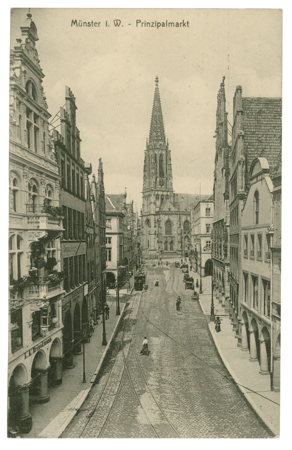 Postkarte: Der Prinzipalmarkt mit Blick auf die Lambertikirche (Stadtmuseum Münster CC BY-NC-SA)