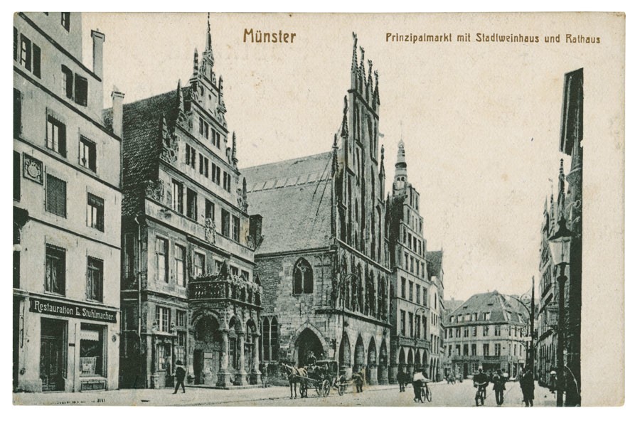 Postkarte: Der Prinzipalmarkt mit Stadtweinhaus und Rathaus (Stadtmuseum Münster CC BY-NC-SA)