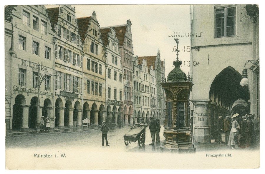 Postkarte: Der Prinzipalmarkt mit Wetterstation (Stadtmuseum Münster CC BY-NC-SA)