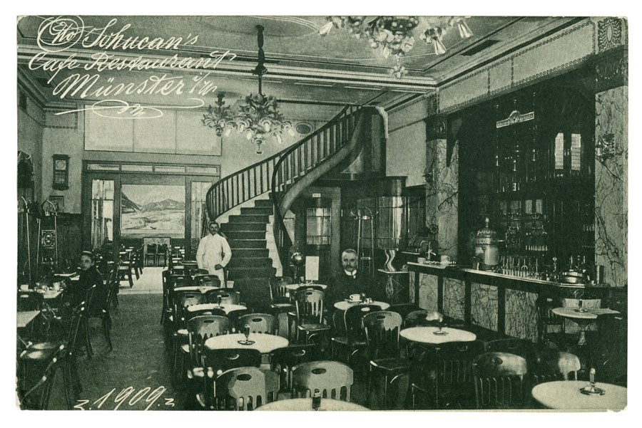 Postkarte: Der Schankraum im Café Schucan (Stadtmuseum Münster CC BY-NC-SA)