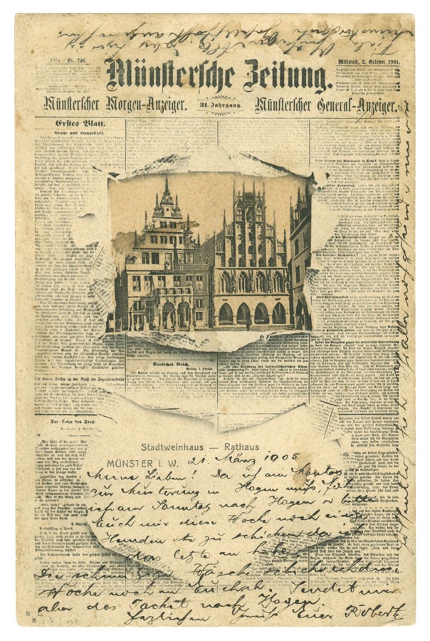 Postkarte: Münstersche Zeitung mit Stadtweinhaus und Rathaus (Stadtmuseum Münster CC BY-NC-SA)