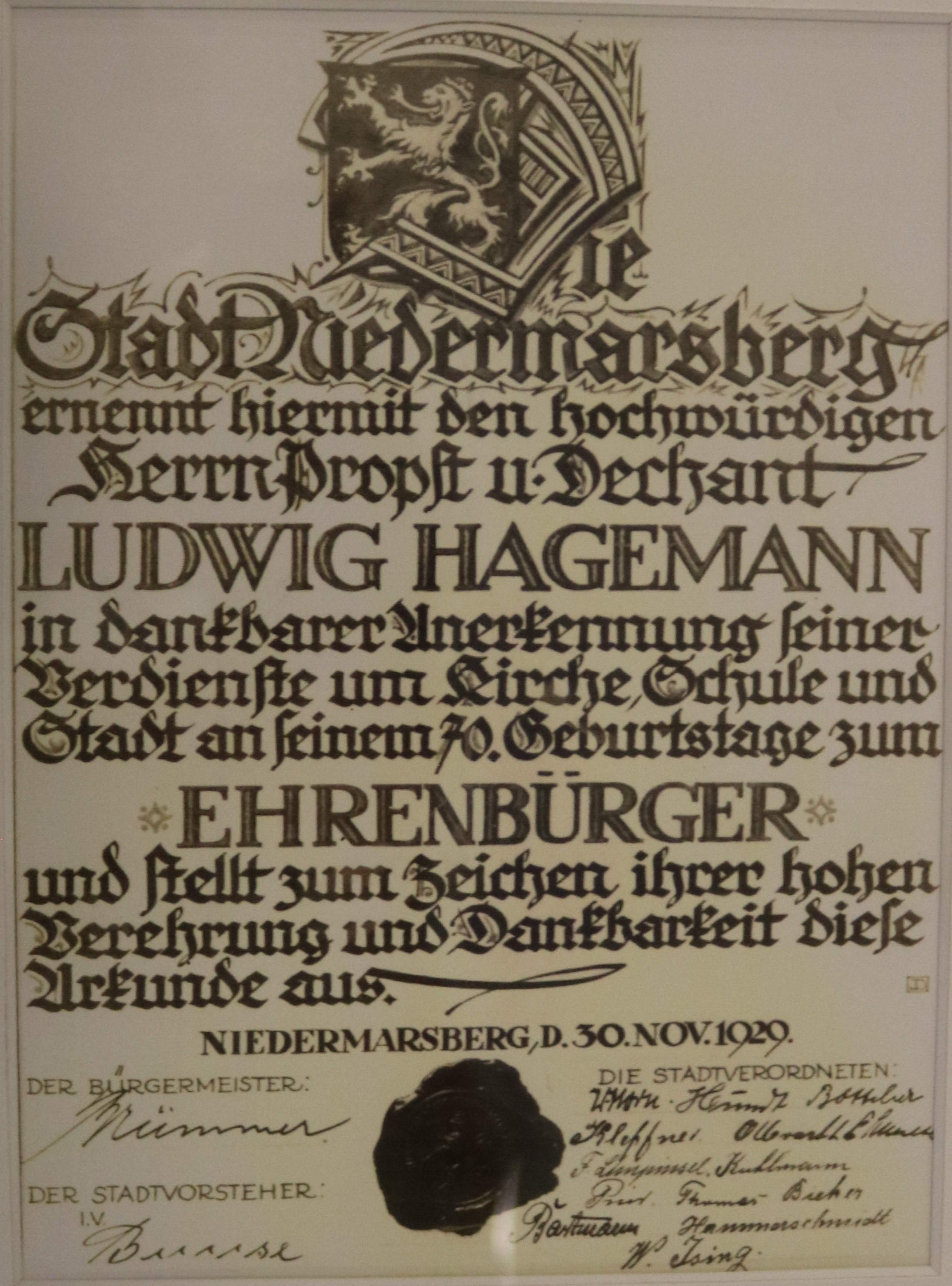 Urkunde: Ehrenbürger (Museum der Stadt Marsberg CC BY-NC-SA)
