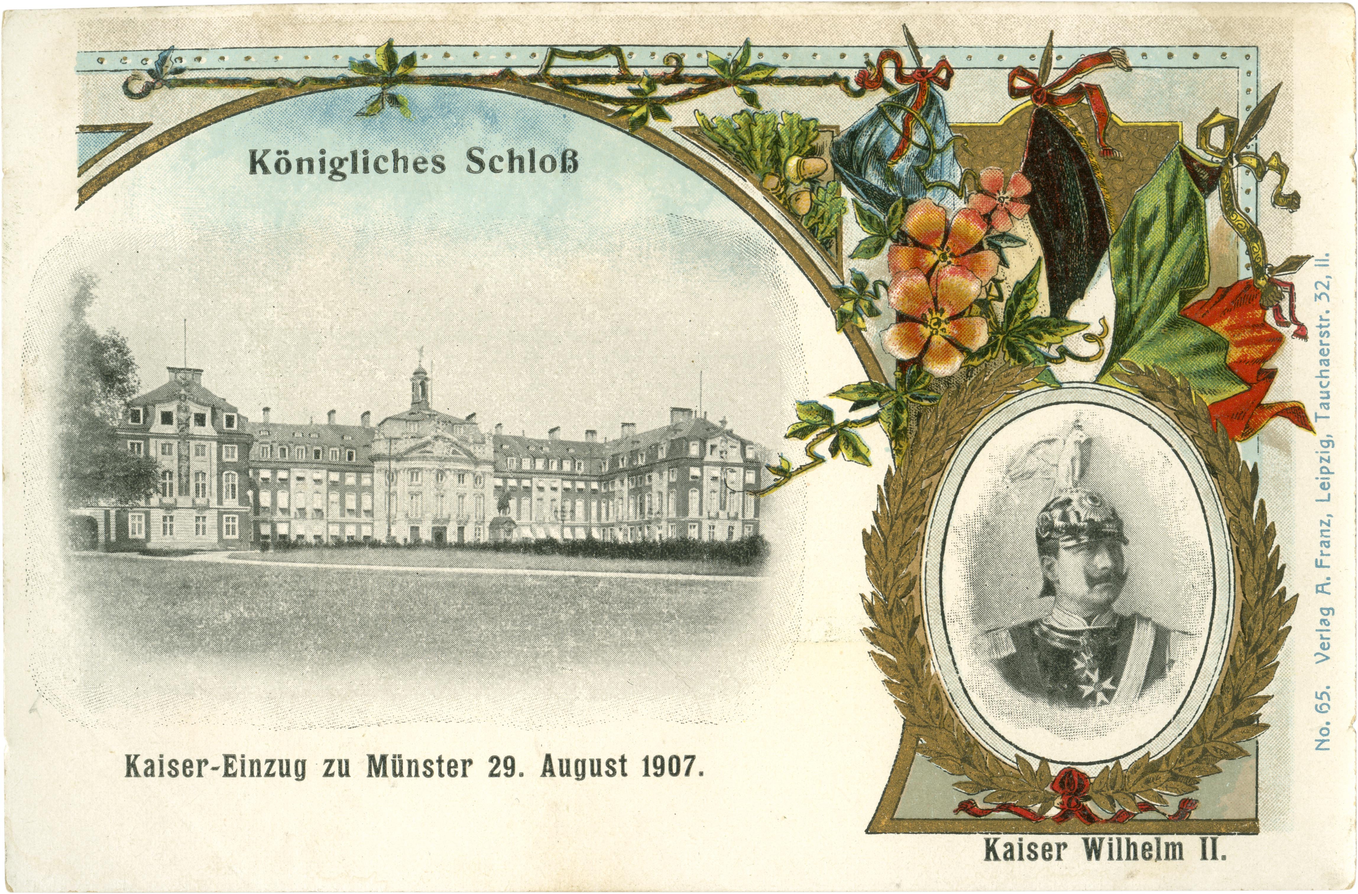 Postkarte: Königliches Schloss und Kaiser Wilhelm II. (Stadtmuseum Münster CC BY-NC-SA)