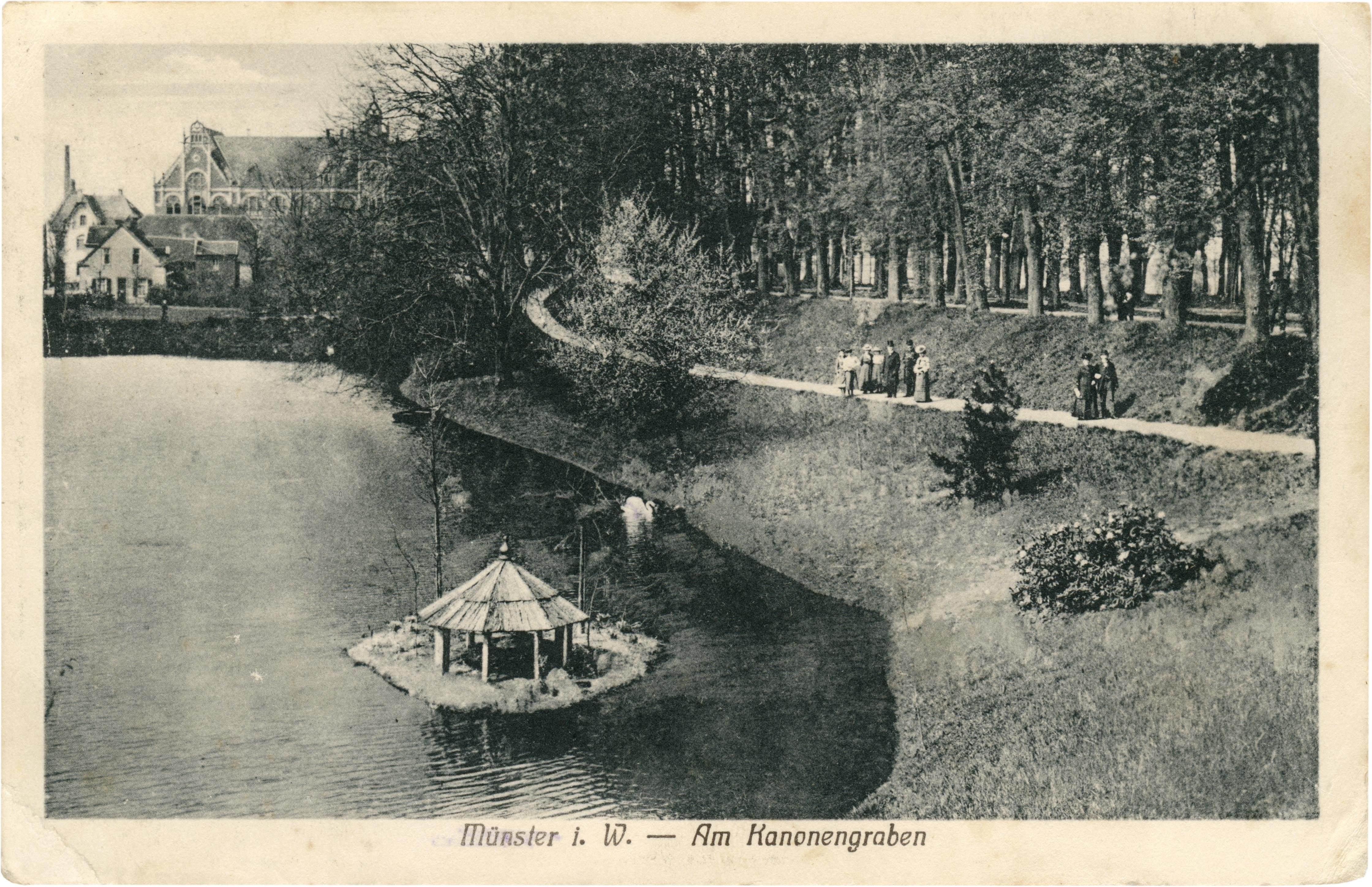 Postkarte: Die Schwaneninsel im Teich am Kanonengraben (Stadtmuseum Münster CC BY-NC-SA)