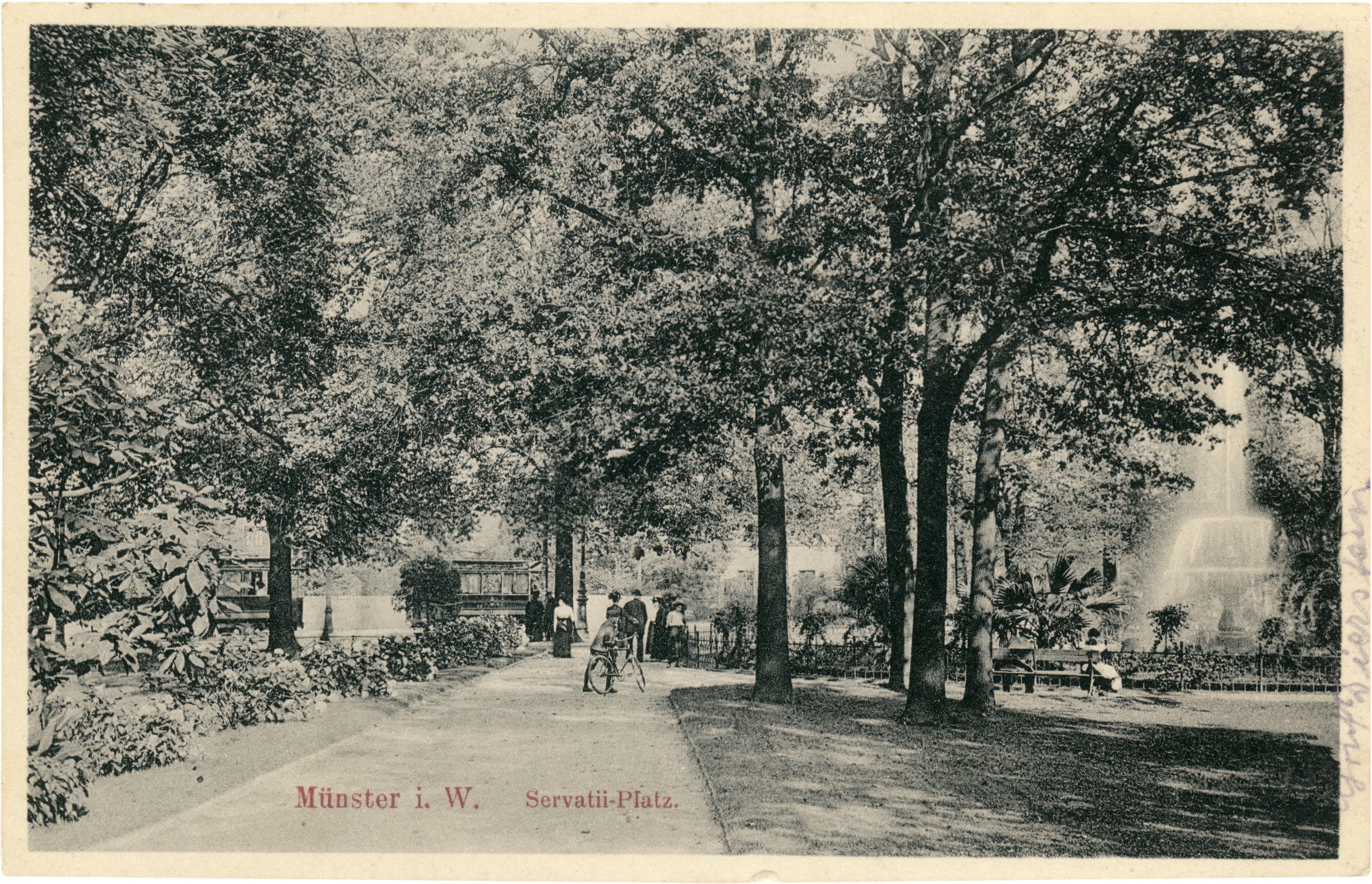Postkarte: Servatiiplatz mit Springbrunnen (Stadtmuseum Münster CC BY-NC-SA)