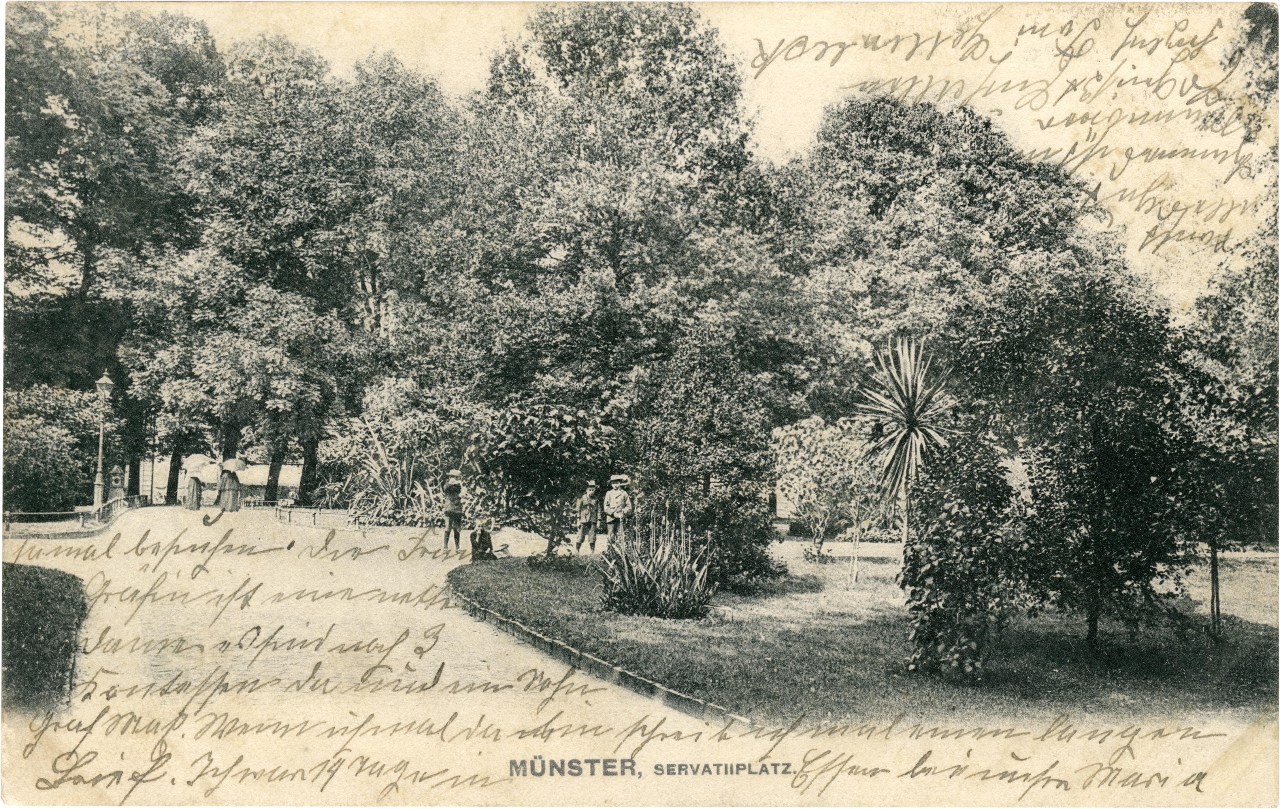 Postkarte: Die Gartenanlagen am Servatiiplatz (Stadtmuseum Münster CC BY-NC-SA)