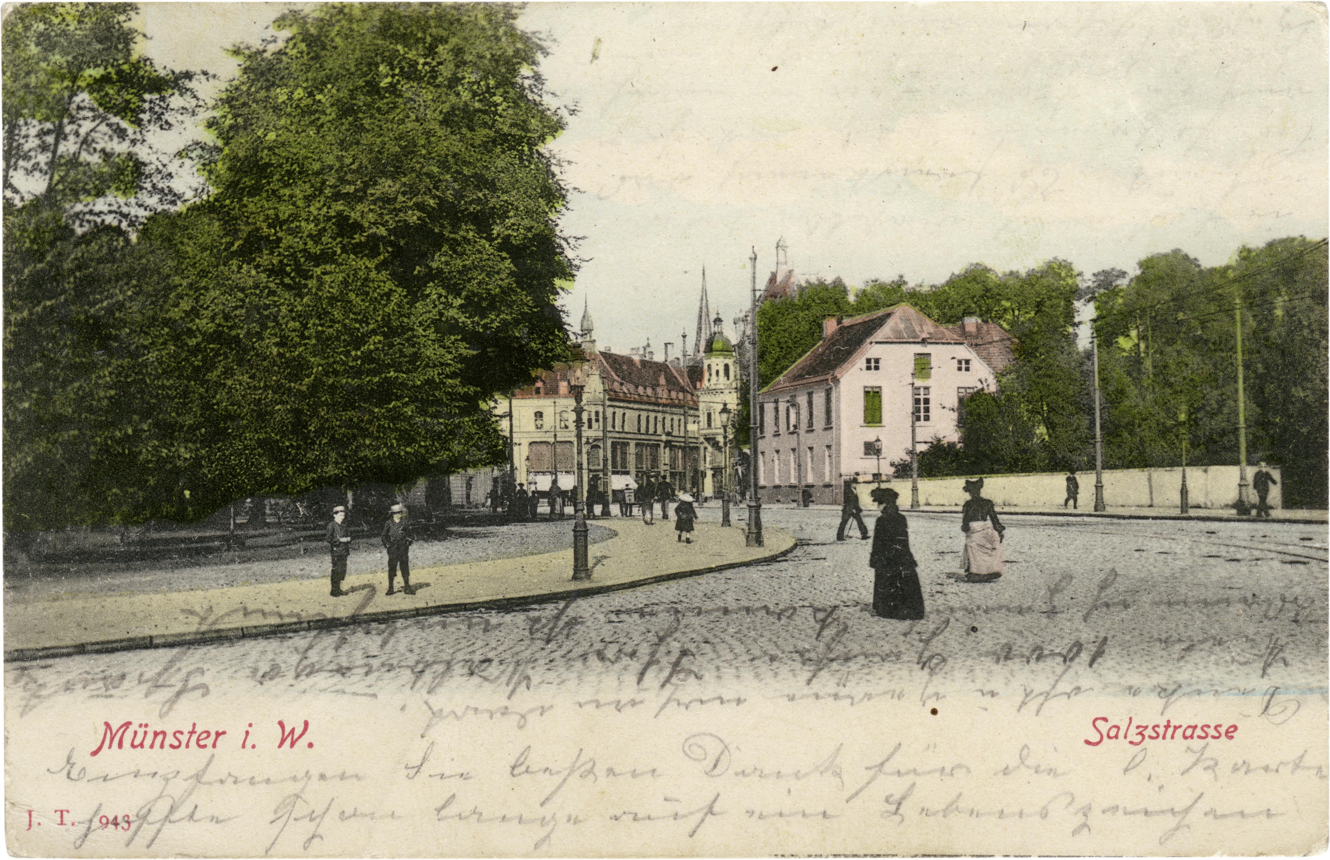 Postkarte: Der Servatiiplatz in Richtung Salzstraße (Stadtmuseum Münster CC BY-NC-SA)