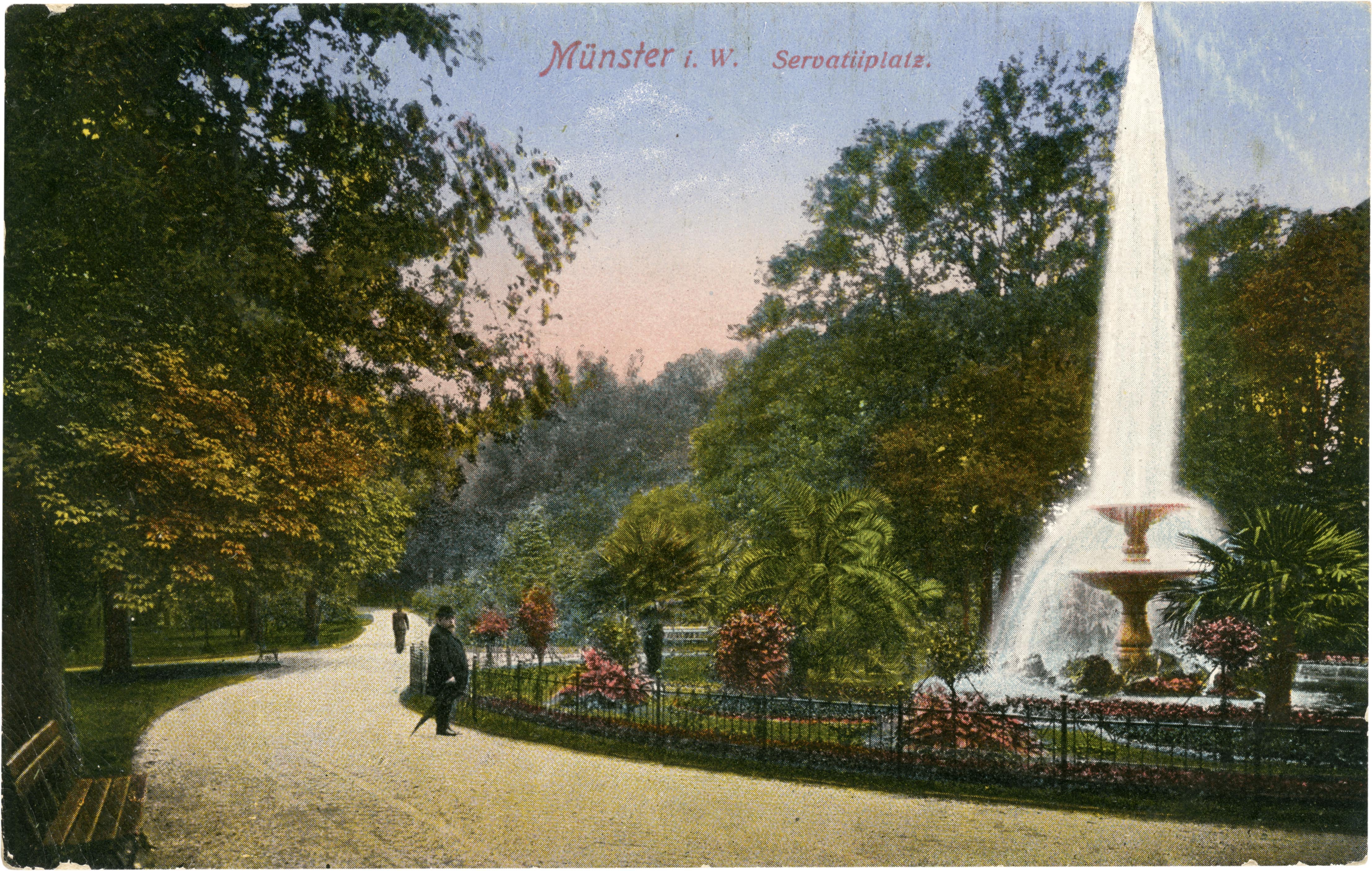 Postkarte: Der ältere Brunnen auf dem Servatiiplatz (Stadtmuseum Münster CC BY-NC-SA)
