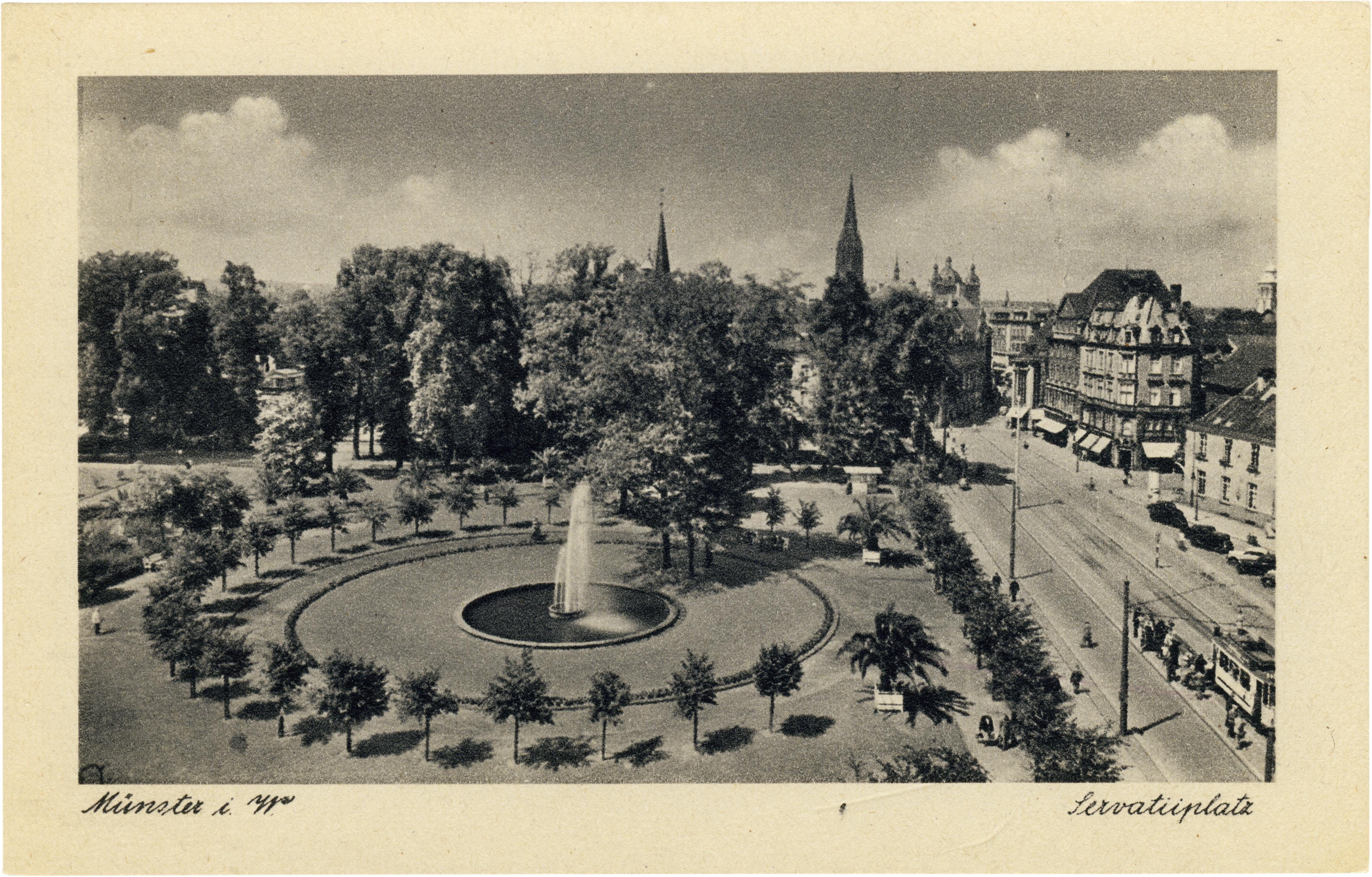 Postkarte: Blick auf den Servatiiplatz Richtung Innenstadt (Stadtmuseum Münster CC BY-NC-SA)