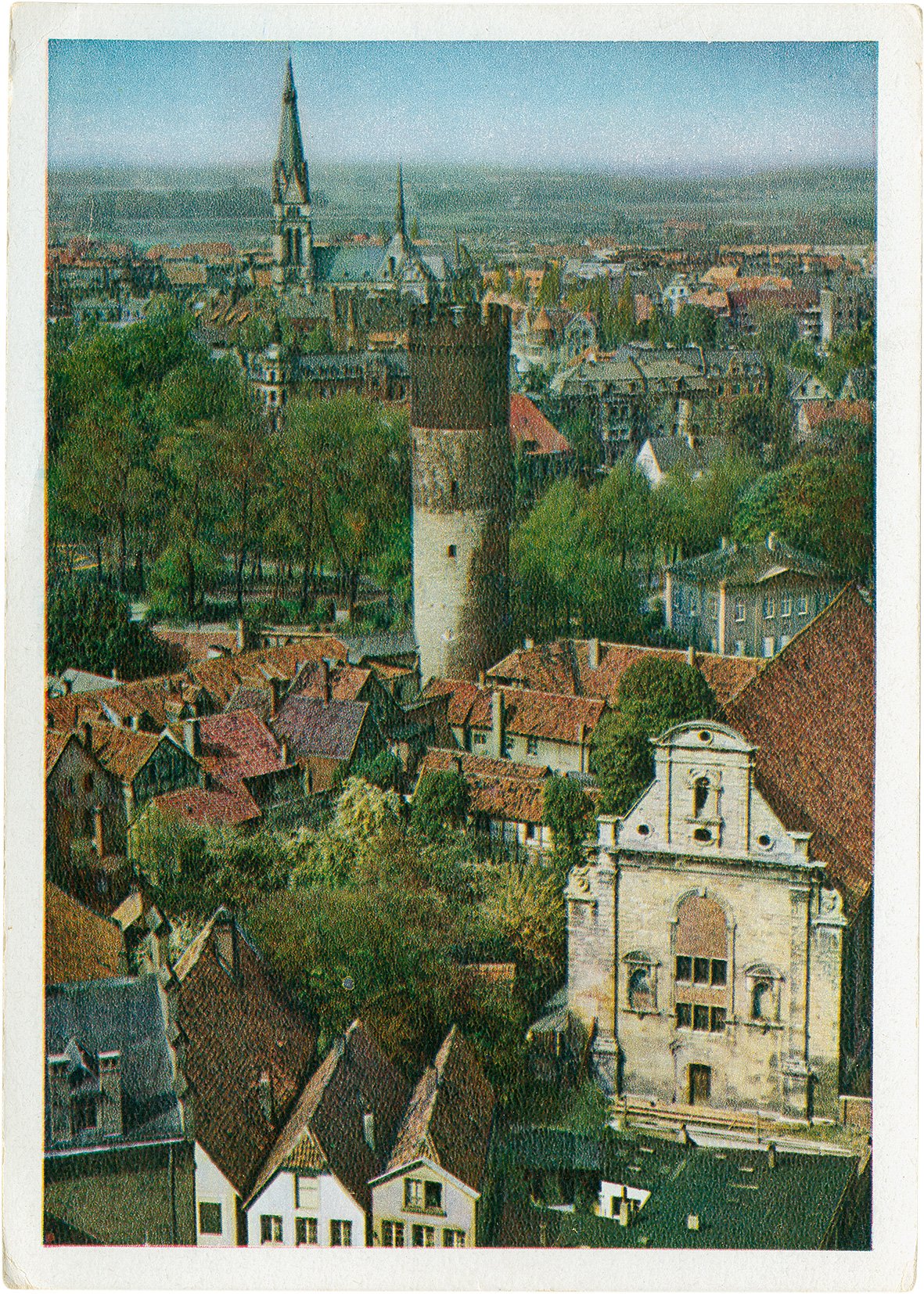 Postkarte: Blick vom Turm der Überwasserkirche auf den Buddenturm und das Kreuzviertel (Stadtmuseum Münster CC BY-NC-SA)