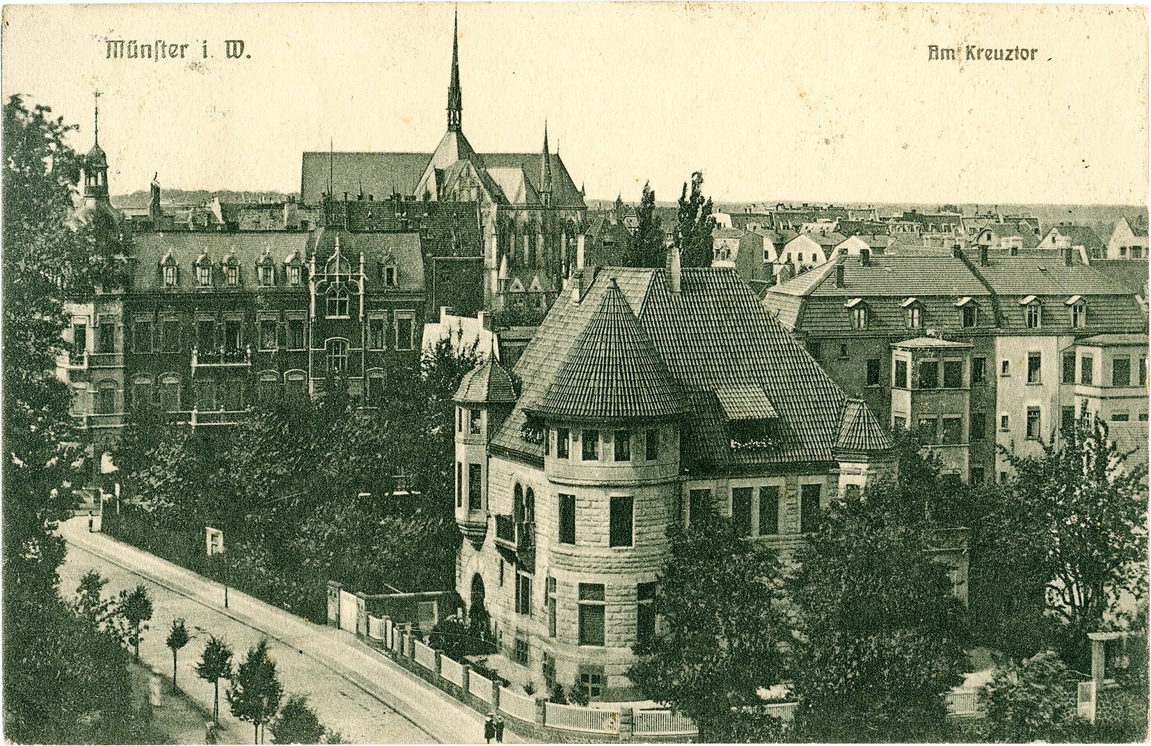 Postkarte: Blick vom Buddenturm auf die Straße Am Kreuztor in Richtung Kreuzkirche (Stadtmuseum Münster CC BY-NC-SA)