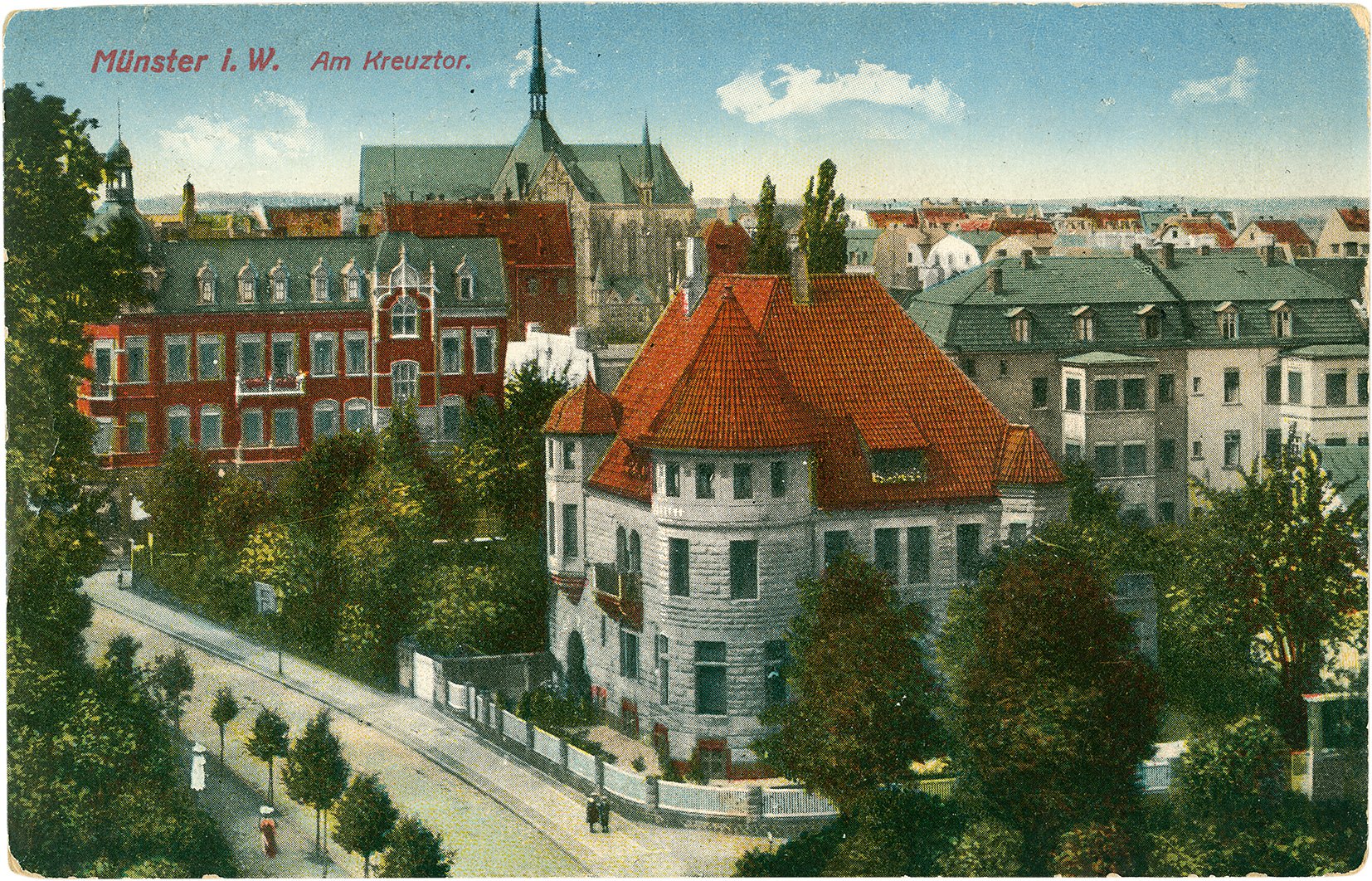 Postkarte: Mehrfarbiger Autochromdruck nach einer Schwarzweißfotografie: Blick vom Buddenturm (Stadtmuseum Münster CC BY-NC-SA)