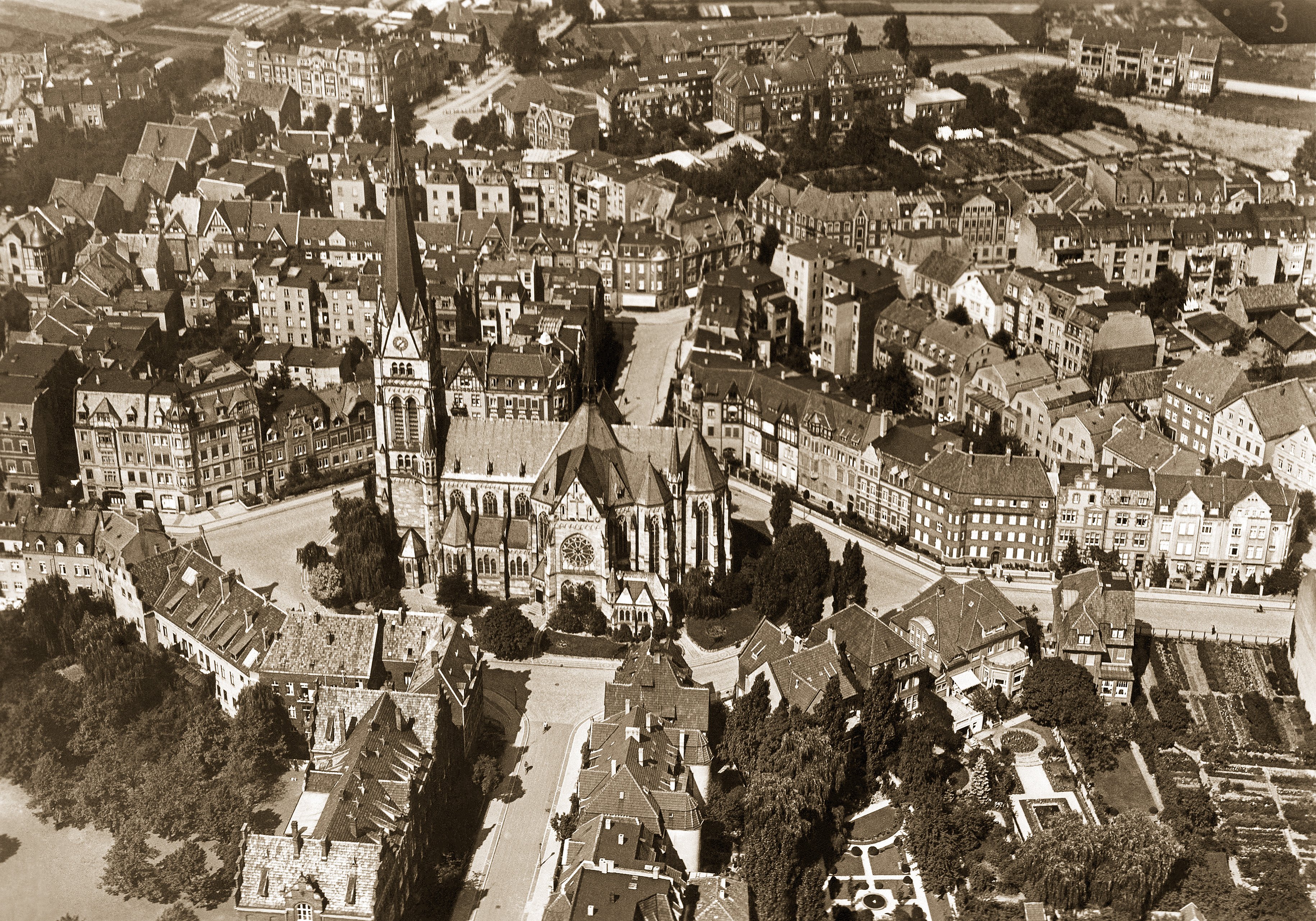 Luftaufnahme des Kreuzviertels mit der Kreuzkirche (Stadtmuseum Münster CC BY-NC-SA)
