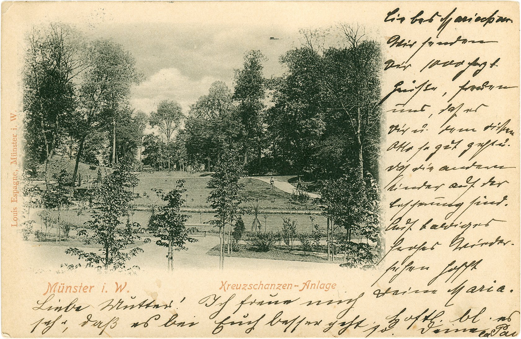 Postkarte: Blick von der Promenade auf die Gartenanlagen an der Kreuzschanze (Stadtmuseum Münster CC BY-NC-SA)