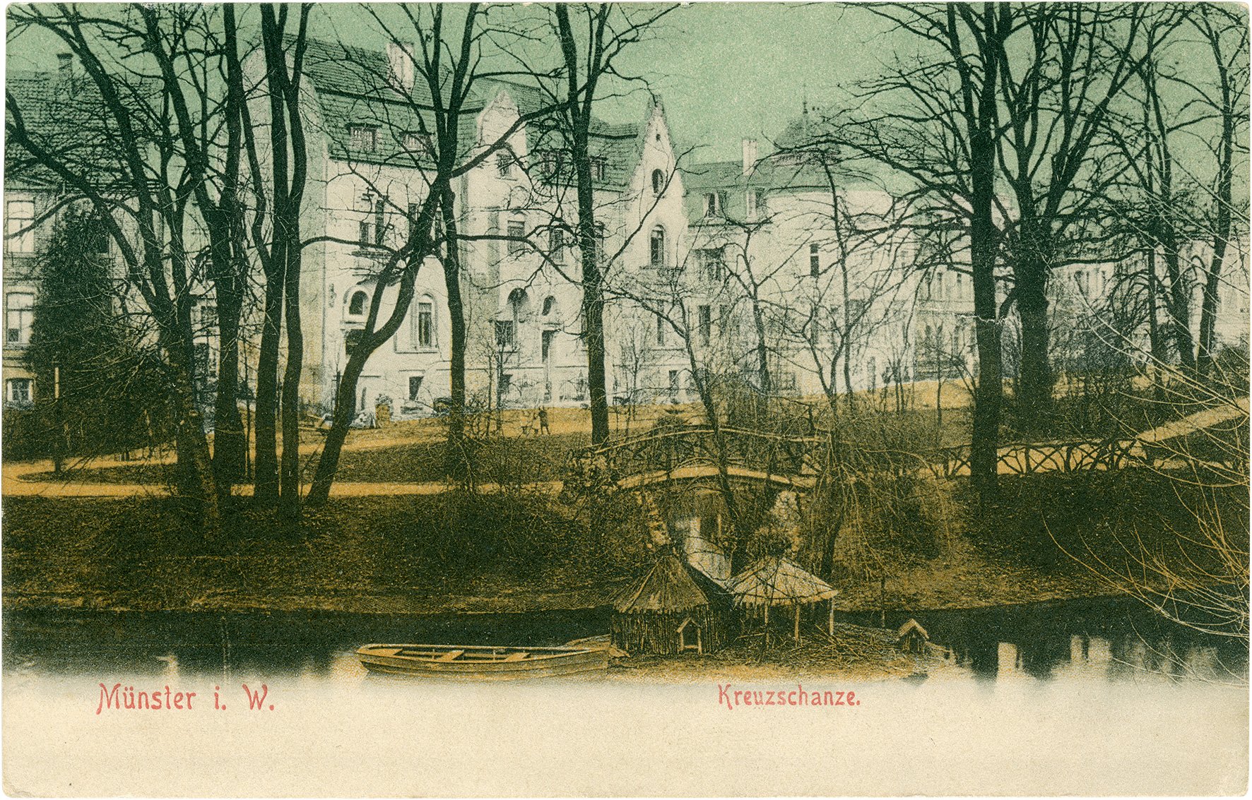 Postkarte: Blick von der Promenade über die Teiche an der Kreuzschanze auf Wohnhäuser an der Kleimannstraße (Stadtmuseum Münster CC BY-NC-SA)
