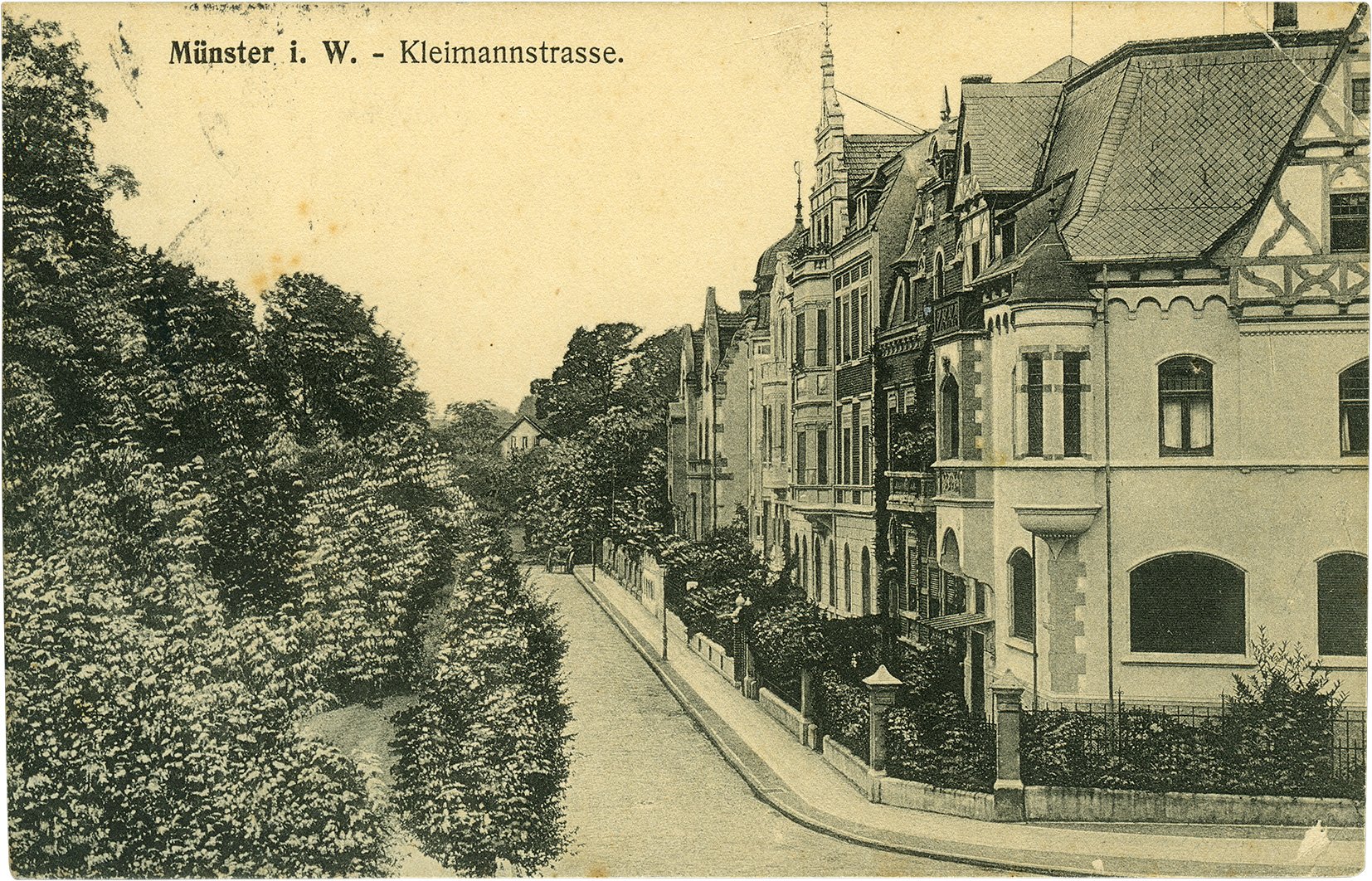 Postkarte: Blick von der Nordstraße entlang der Kreuzschanze und der Kleimannstraße (Stadtmuseum Münster CC BY-NC-SA)
