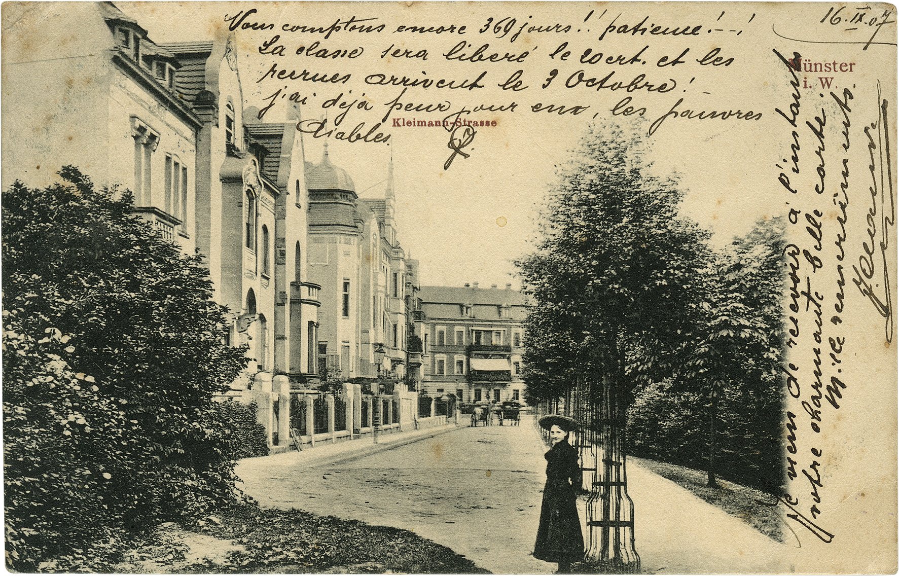 Postkarte: Blick auf Wohnhäuser an der Kleimannstraße in Richtung Nordstraße (Stadtmuseum Münster CC BY-NC-SA)