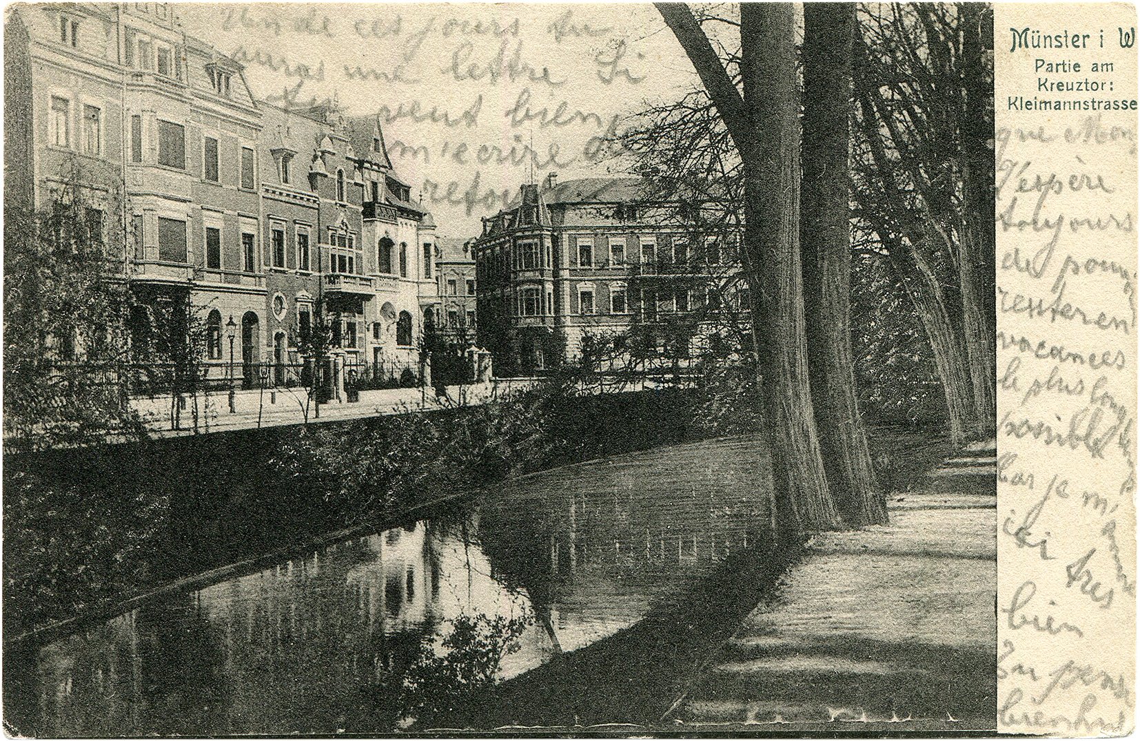 Postkarte: Blick von der Kreuzschanze auf Wohnhäuser an der Kleimannstraße und der Nordstraße (Stadtmuseum Münster CC BY-NC-SA)