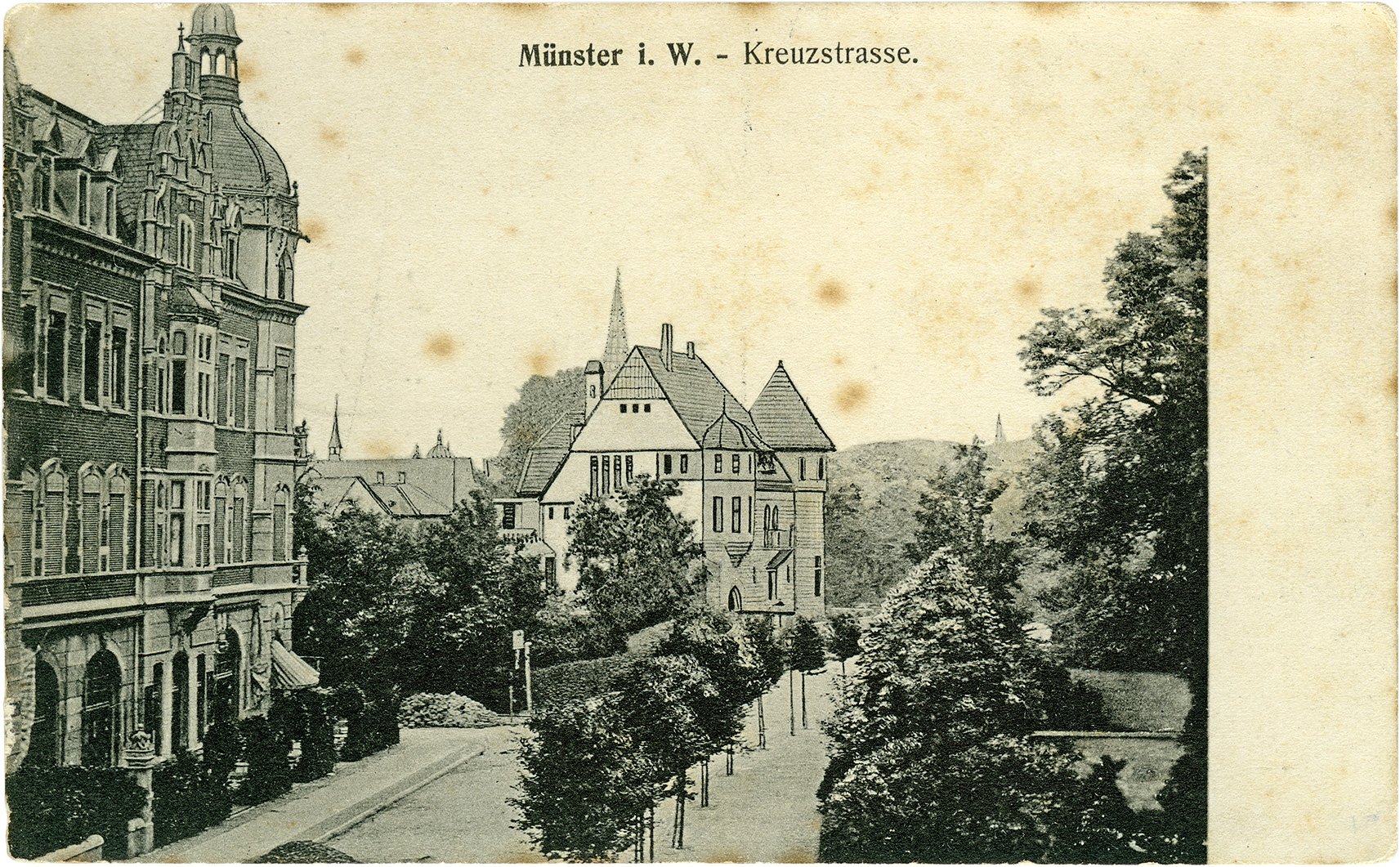 Postkarte: Blick entlang der Straße Am Kreuztor in Richtung Innenstadt (Stadtmuseum Münster CC BY-NC-SA)
