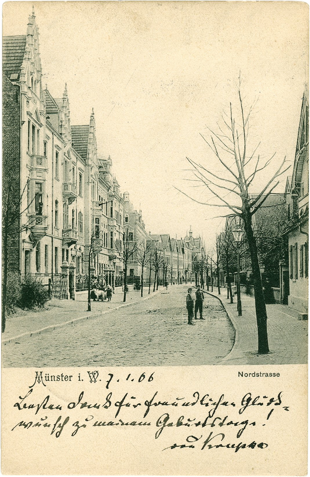 Postkarte: Blick in die Nordstraße Richtung Kreuzschanze (Stadtmuseum Münster CC BY-NC-SA)