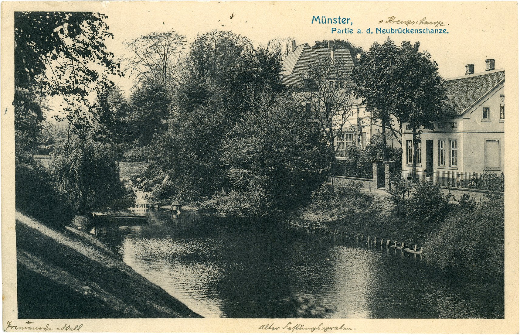 Postkarte: Wohnhäuser am Teich östlich der Kreuzschanze (Stadtmuseum Münster CC BY-NC-SA)