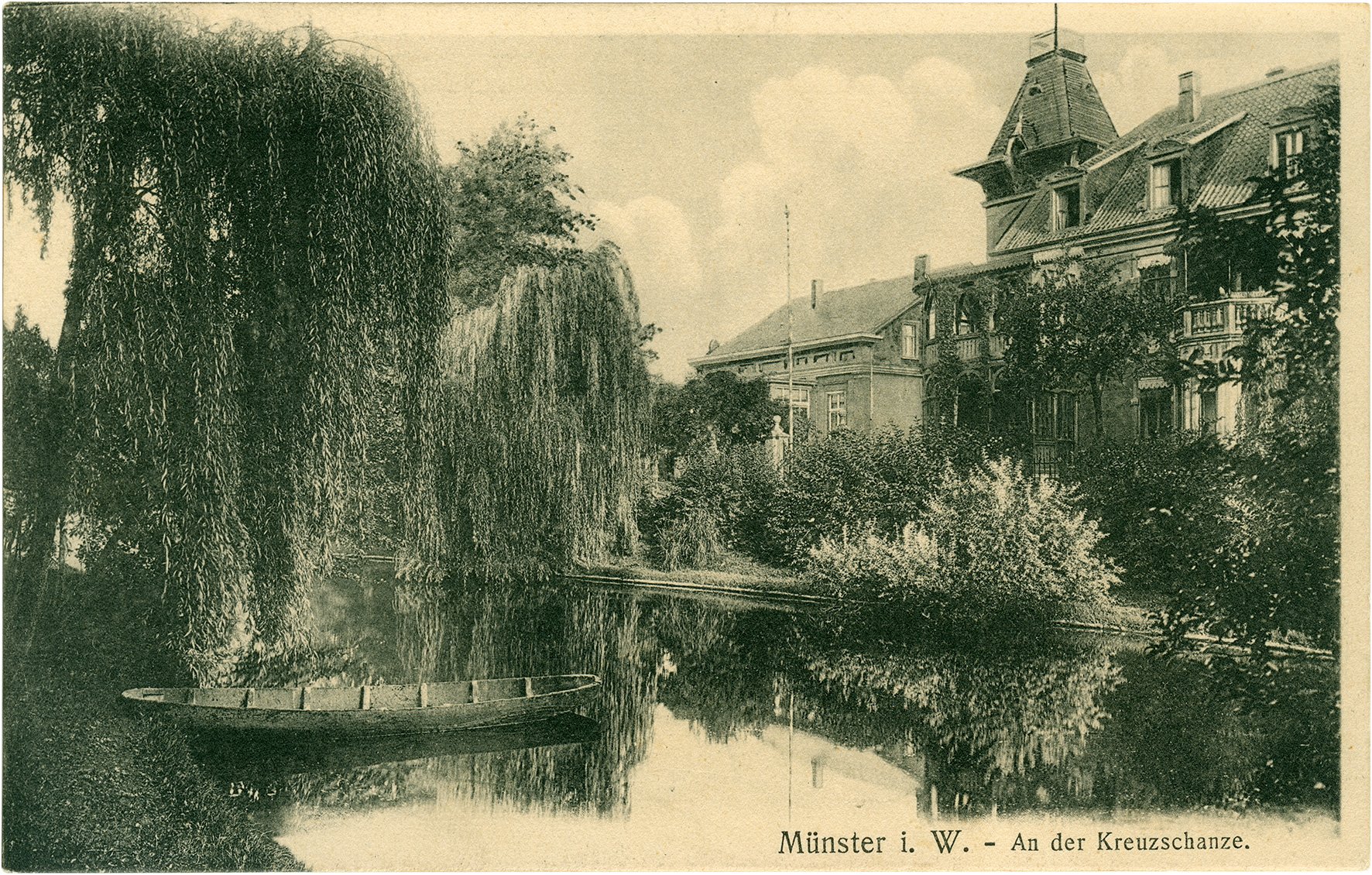 Postkarte: Wohnhäuser am Teich östlich der Kreuzschanze (Stadtmuseum Münster CC BY-NC-SA)