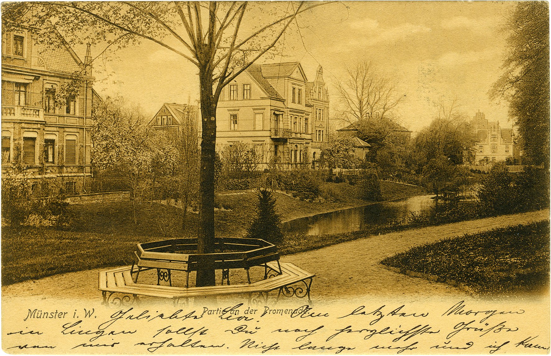 Postkarte: Blick auf Wohnhäuser am Teich an der Neubrückenpromenade in Richtung Coerdeplatz (Stadtmuseum Münster CC BY-NC-SA)