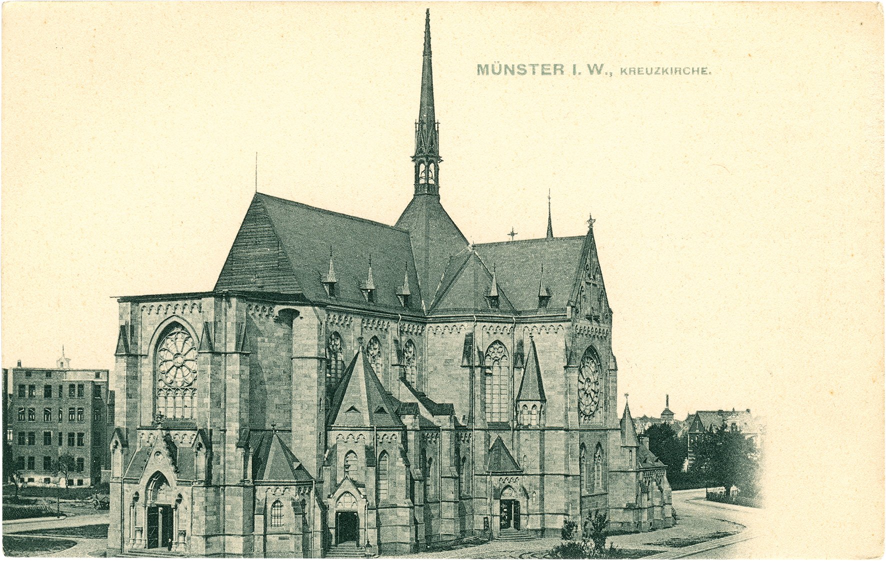 Postkarte: Blick auf die Kreuzkirche an der Hoyastraße noch ohne Kirchturm (Stadtmuseum Münster CC BY-NC-SA)