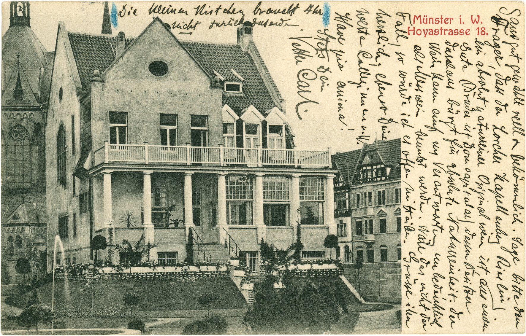 Postkarte: Rückseite des Wohnhauses Hoyastraße 18 vor der Kreuzkirche (Stadtmuseum Münster CC BY-NC-SA)