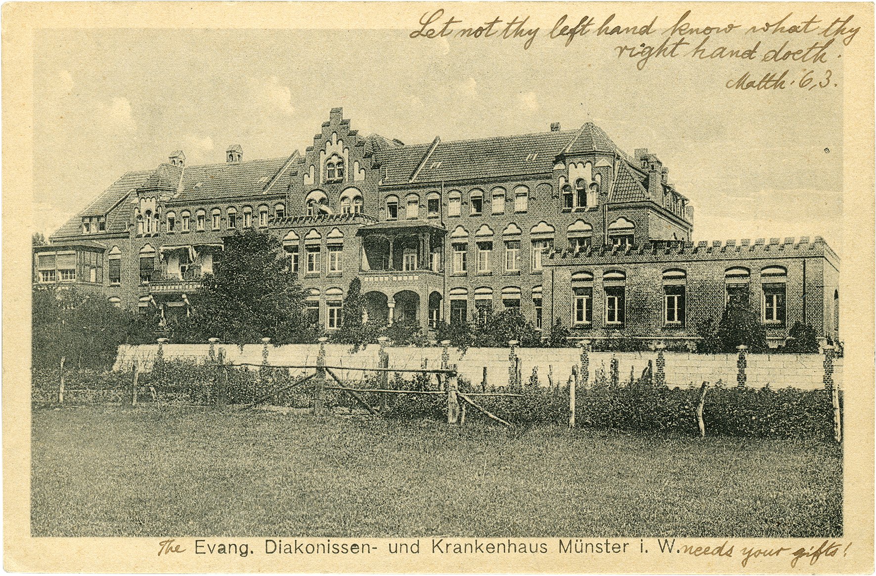 Postkarte: Rückseite des Evangelischen Krankenhauses (Stadtmuseum Münster CC BY-NC-SA)