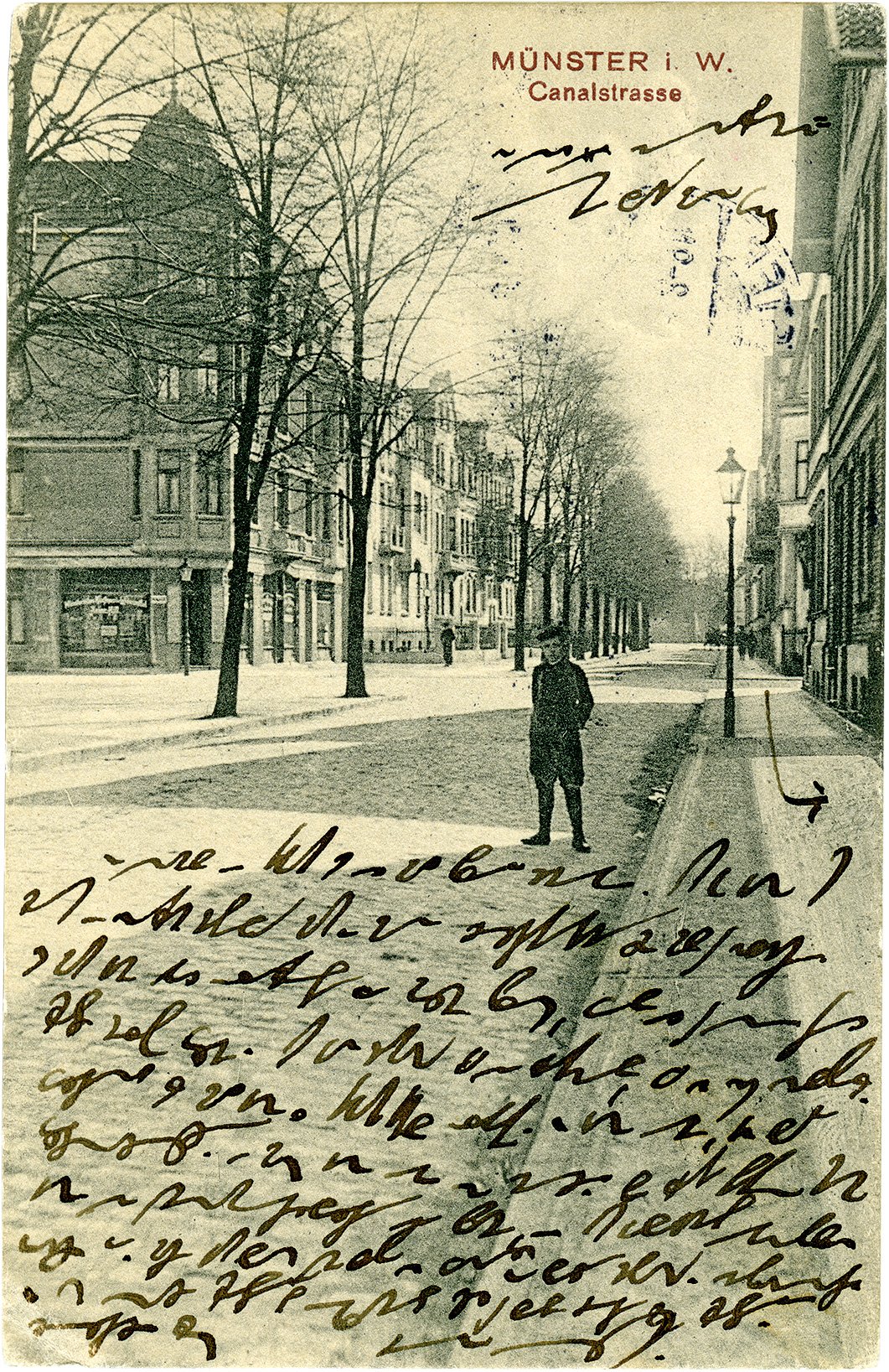 Postkarte: Blick in die Kanalstraße unterhalb der Maximilianstraße in Richtung Innenstadt (Stadtmuseum Münster CC BY-NC-SA)