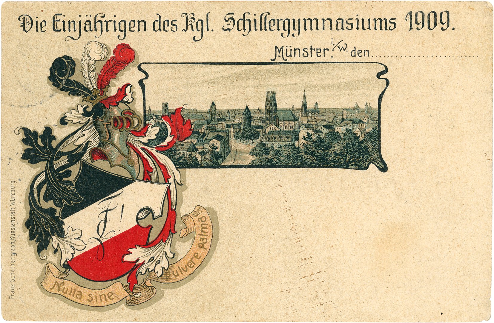 Postkarte: Erinnerungspostkarte der Schulabgänger mit mittlerer Reife (Einjährige) des Königlichen Schillergymnasiums (Stadtmuseum Münster CC BY-NC-SA)