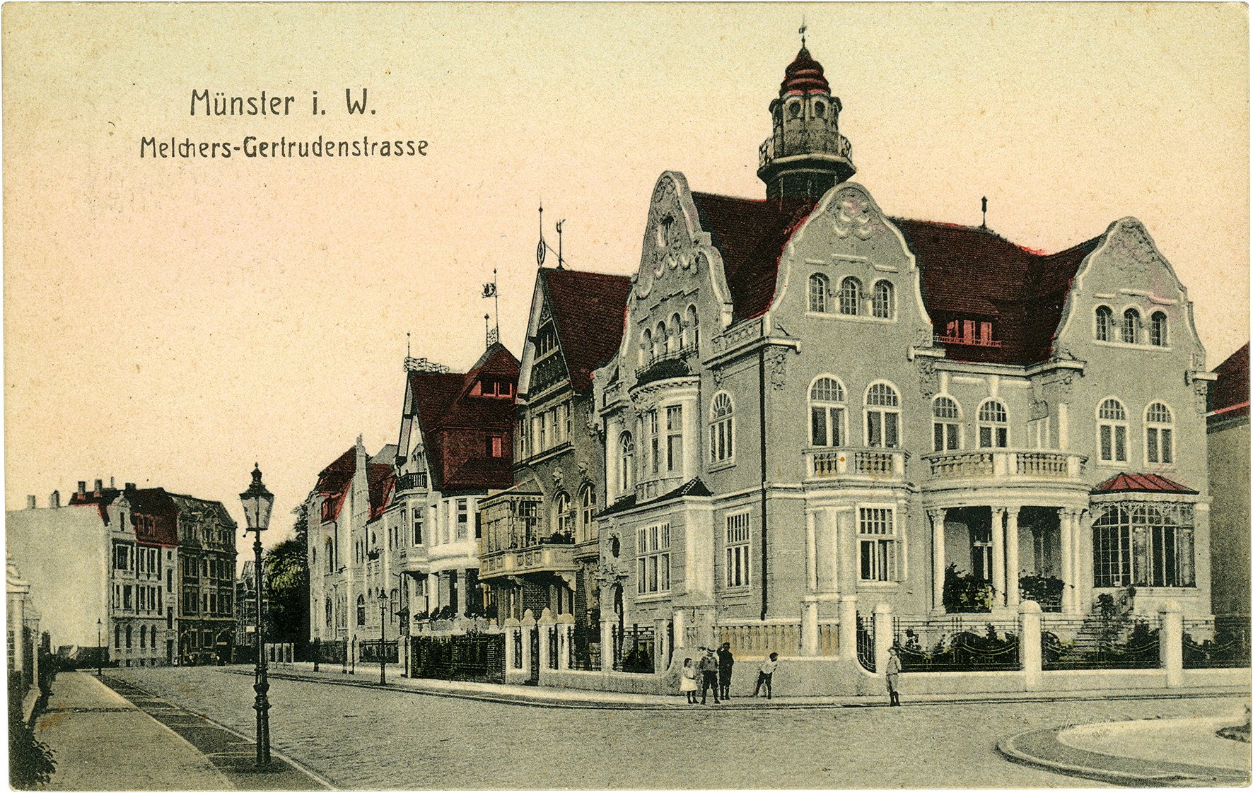 Postkarte: Blick in die Melchersstraße an der Ecke zur Gertrudenstraße (Stadtmuseum Münster CC BY-NC-SA)