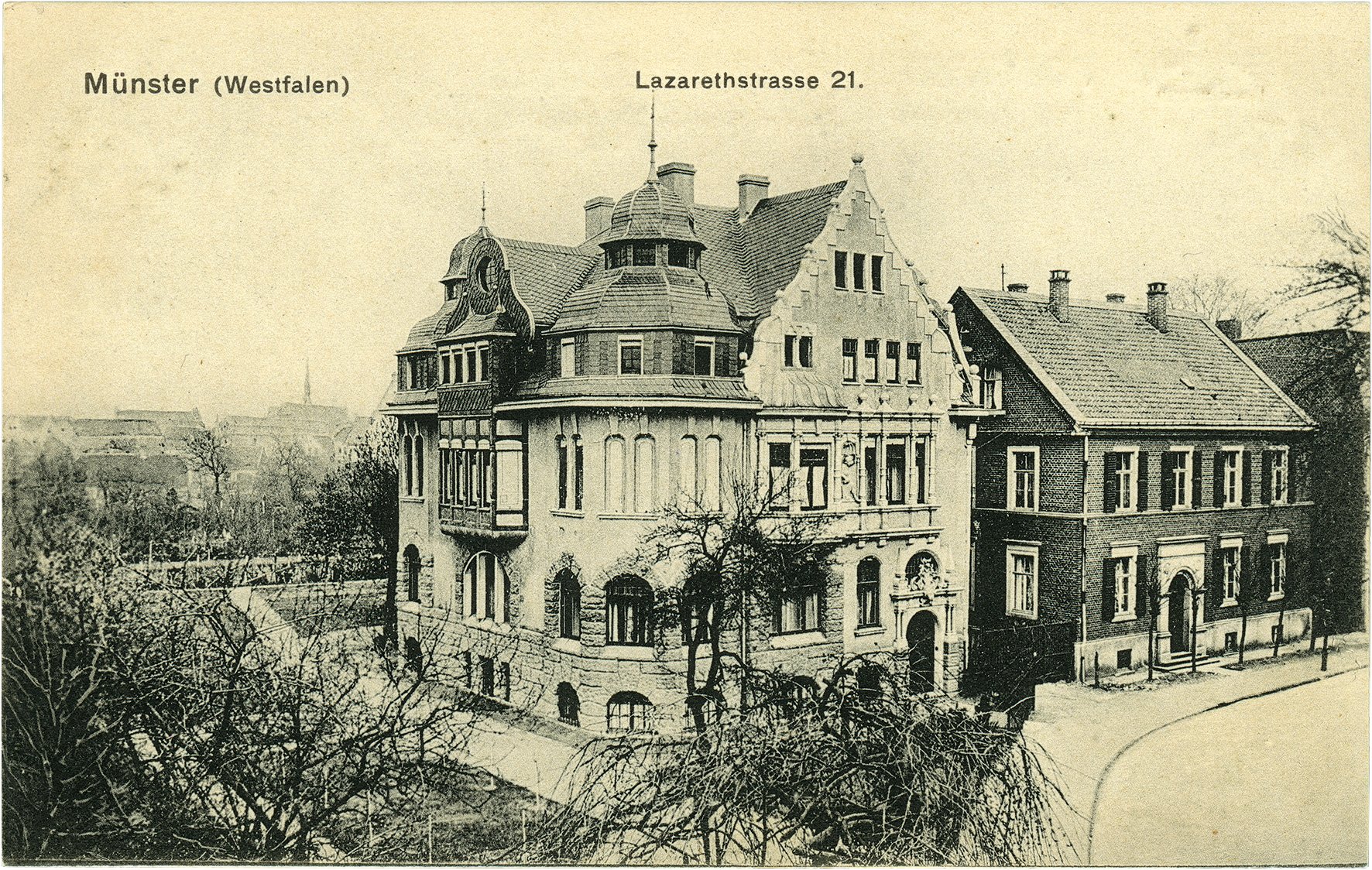 Postkarte: Blick auf das Wohnhaus Lazarettstraße 21 in Richtung Kreuzkirche (Stadtmuseum Münster CC BY-NC-SA)