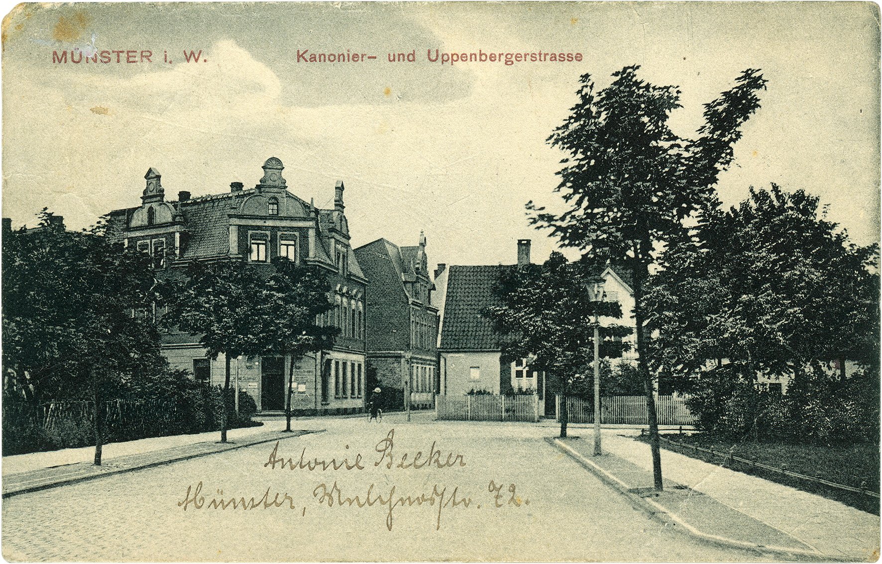 Postkarte: Blick von der Kinderhauser Straße auf die Kanonierstraße und in die Uppenbergstraße (Stadtmuseum Münster CC BY-NC-SA)