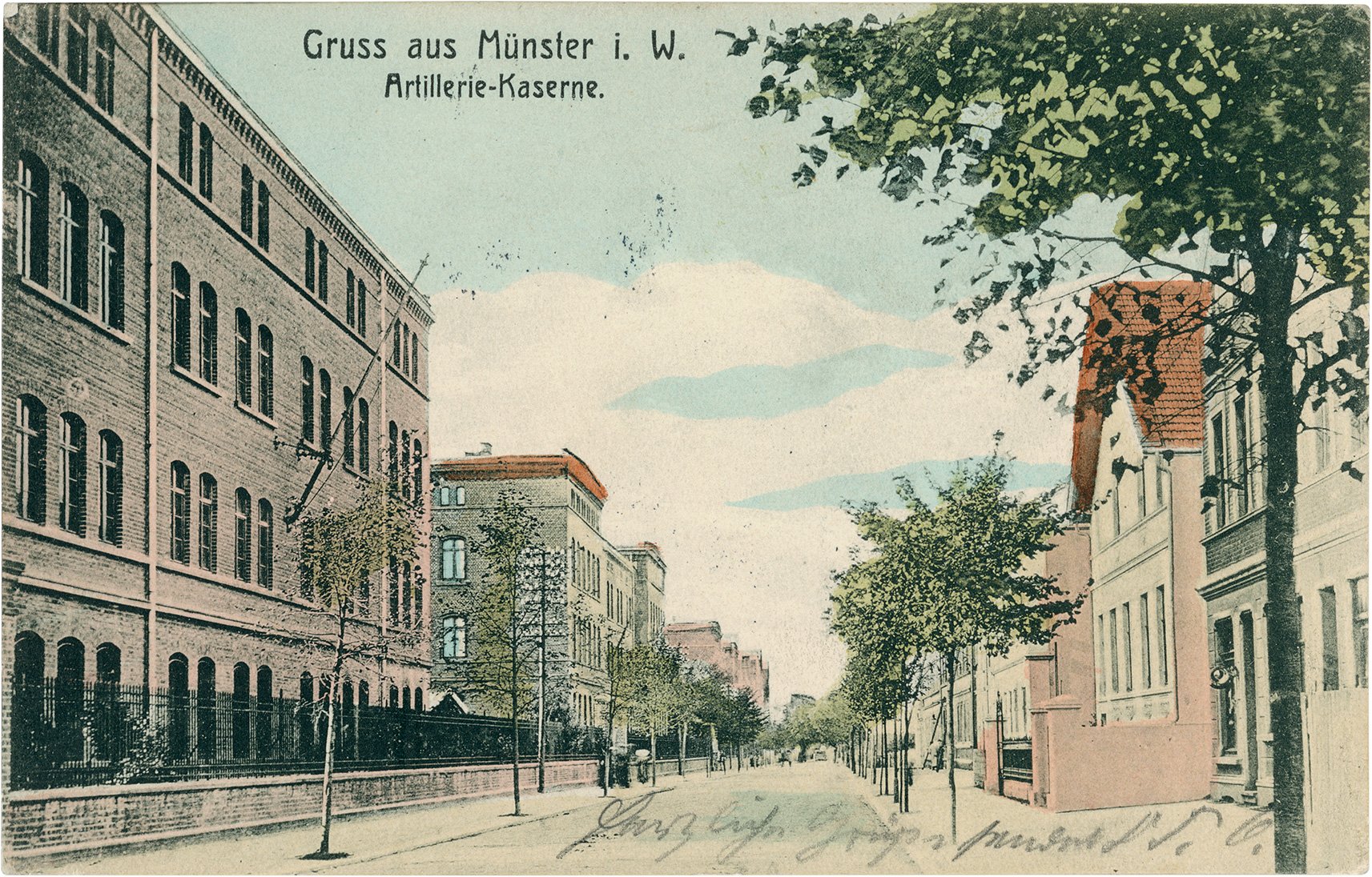 Postkarte: Blick in die Grevener Straße stadtauswärts auf Höhe der Artillerie-Kaserne (Stadtmuseum Münster CC BY-NC-SA)
