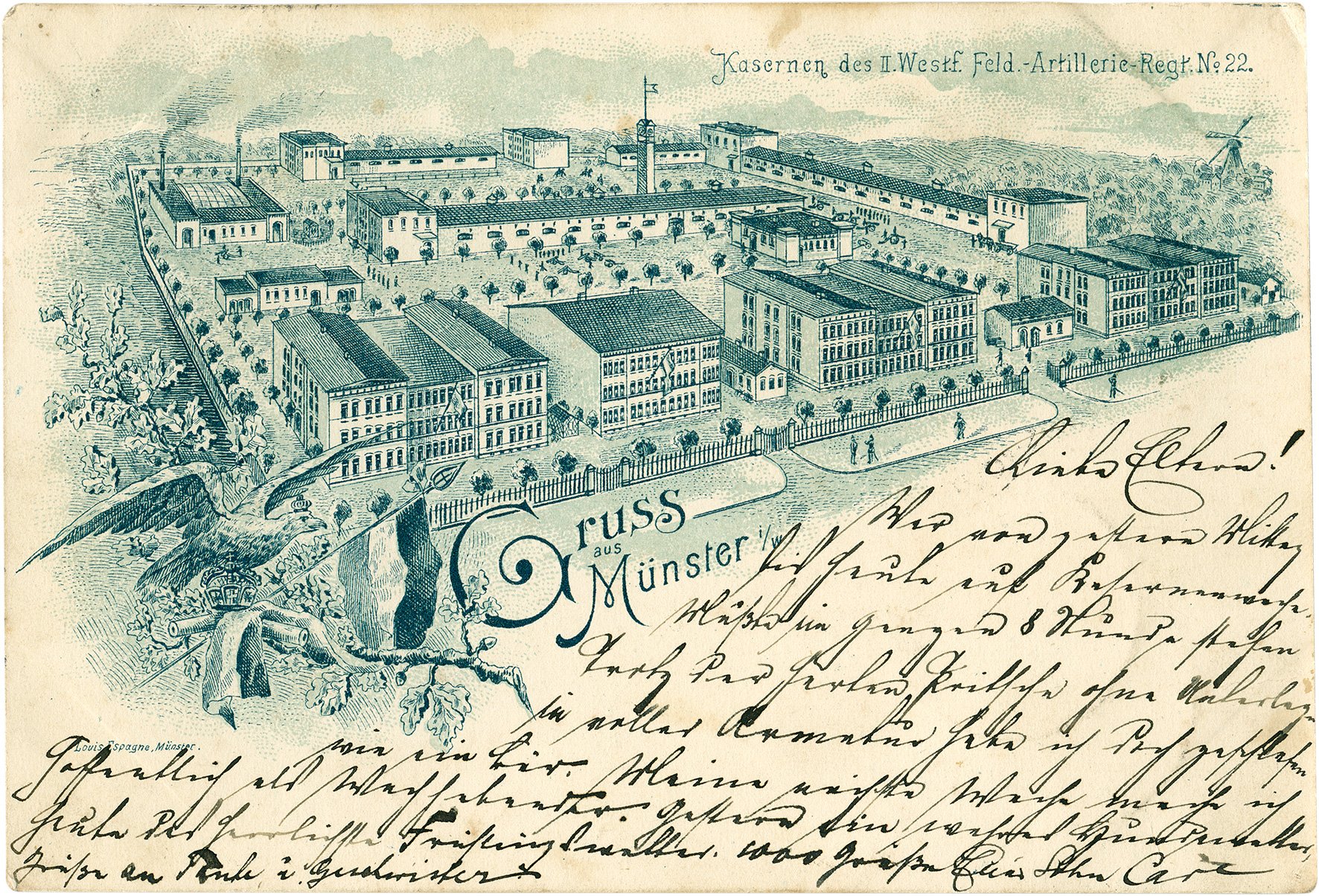 Postkarte: Gruß aus der Kaserne des Feldartillerie-Regiments an der Grevener Straße (Stadtmuseum Münster CC BY-NC-SA)
