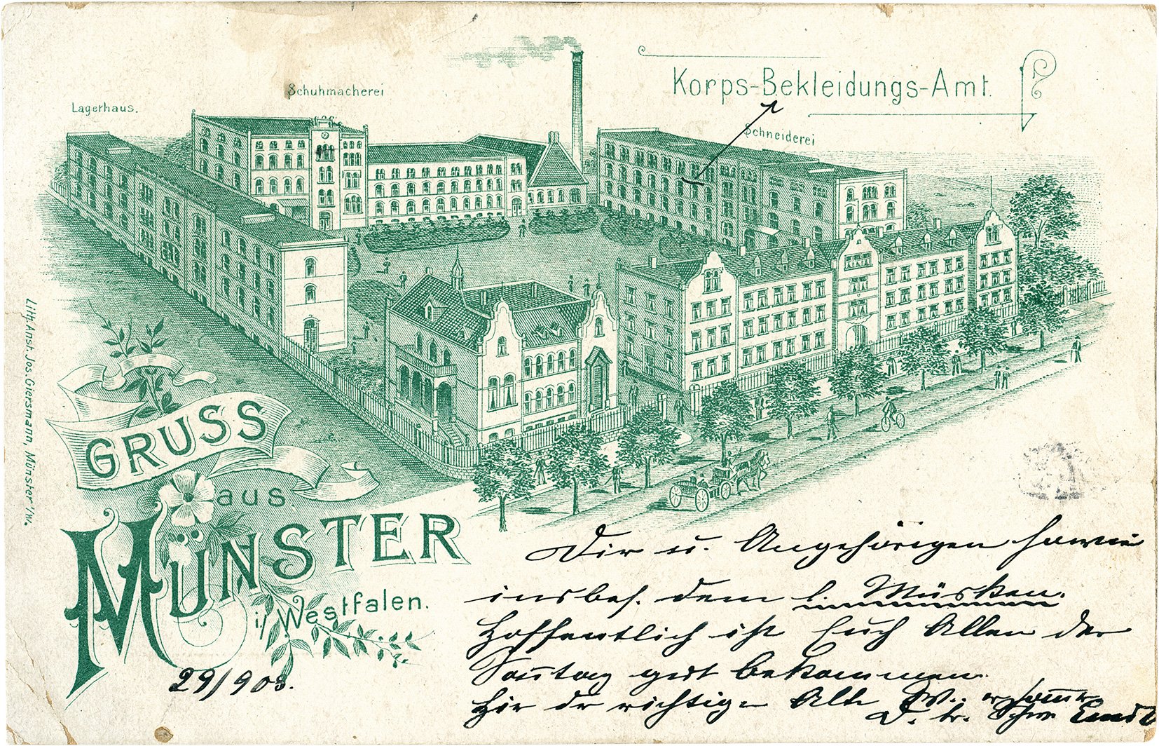 Postkarte: Gruß vom Korps-Bekleidungsamt an der Grevener Straße (Stadtmuseum Münster CC BY-NC-SA)