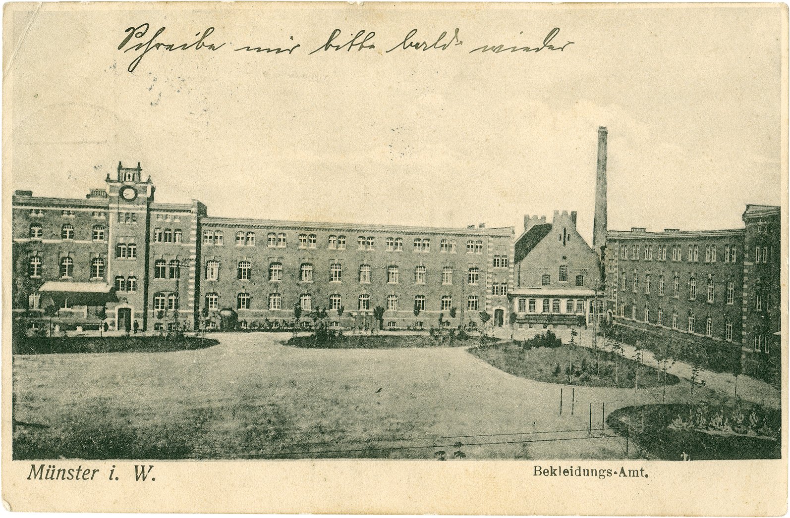 Postkarte: Schuhmacherwerkstatt, Kesselhaus und Schneiderwerkstatt des Korps-Bekleidungsamtes an der Grevener Straße (Stadtmuseum Münster CC BY-NC-SA)