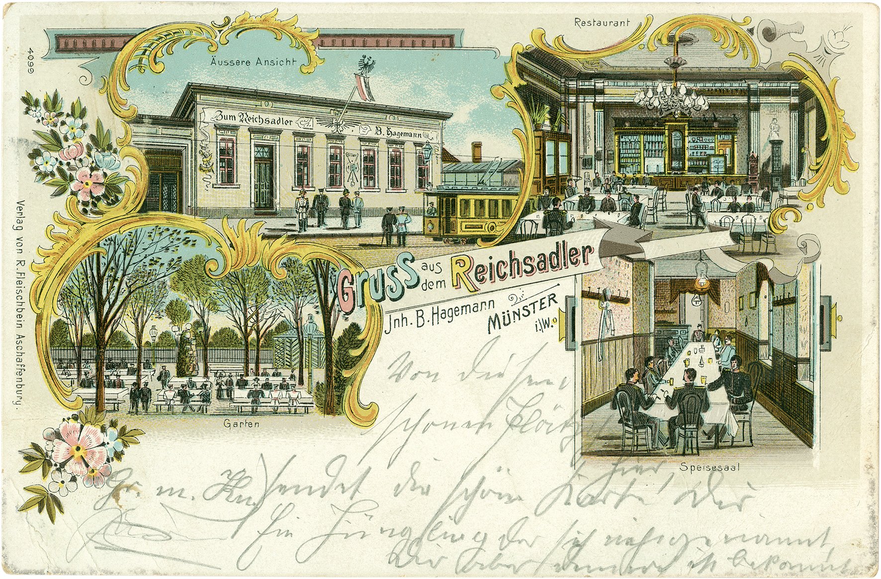 Postkarte: Gruß aus dem Restaurant Zum Reichsadler, Steinfurter Straße 25 (Stadtmuseum Münster CC BY-NC-SA)
