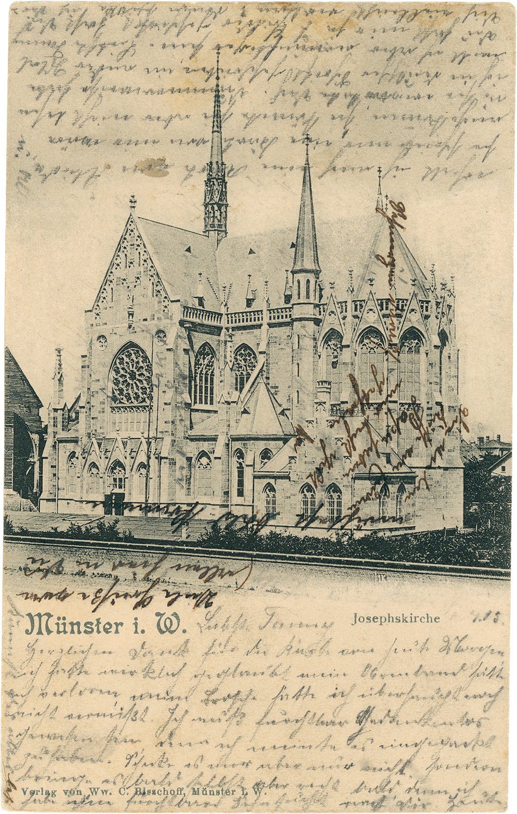 Postkarte: Blick auf den Chor und das Querschiff der Josephskirche noch ohne die Kirchtürme sowie die Rückseite der Rektoratskirche an der Hammer Stra (Stadtmuseum Münster CC BY-NC-SA)